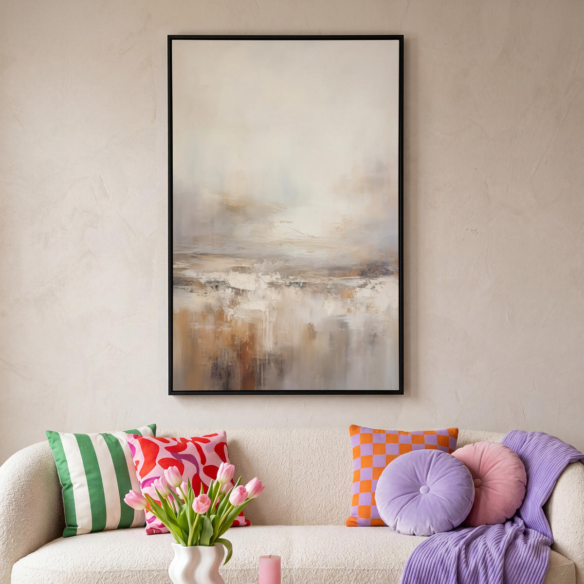 LEINWAND Bilder mit Rahmen - Kunst - Industriell - Grau - Braun - Abstrakt - 80x120 - Sandfarben, Textil (80/120cm) - MuchoWow