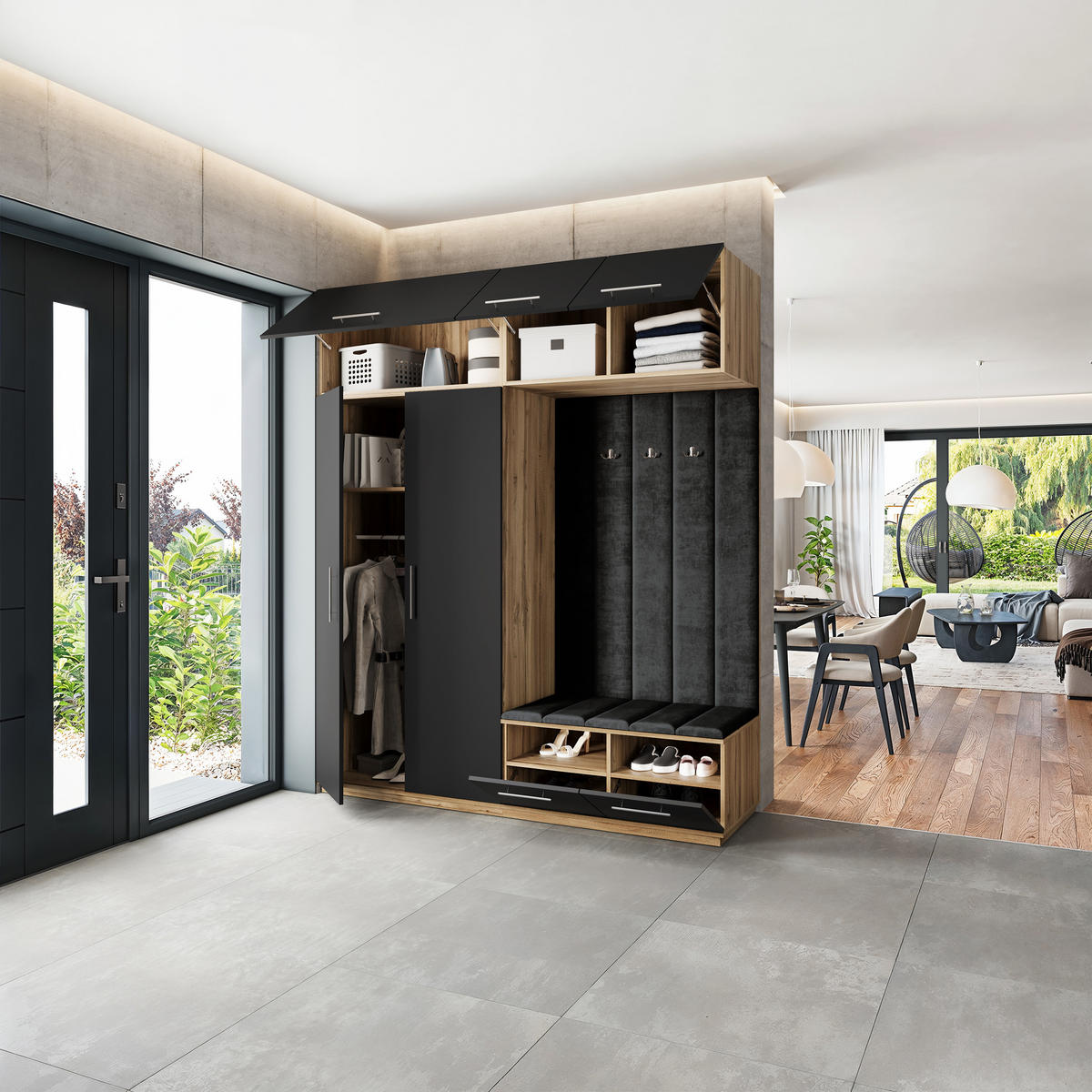 GARDEROBENSCHRANK REMA 200/240/60 cm Modern Eiche Wotan - Eiche Wotan/Schwarz, Holzwerkstoff (200/240/60cm) - MASSENO