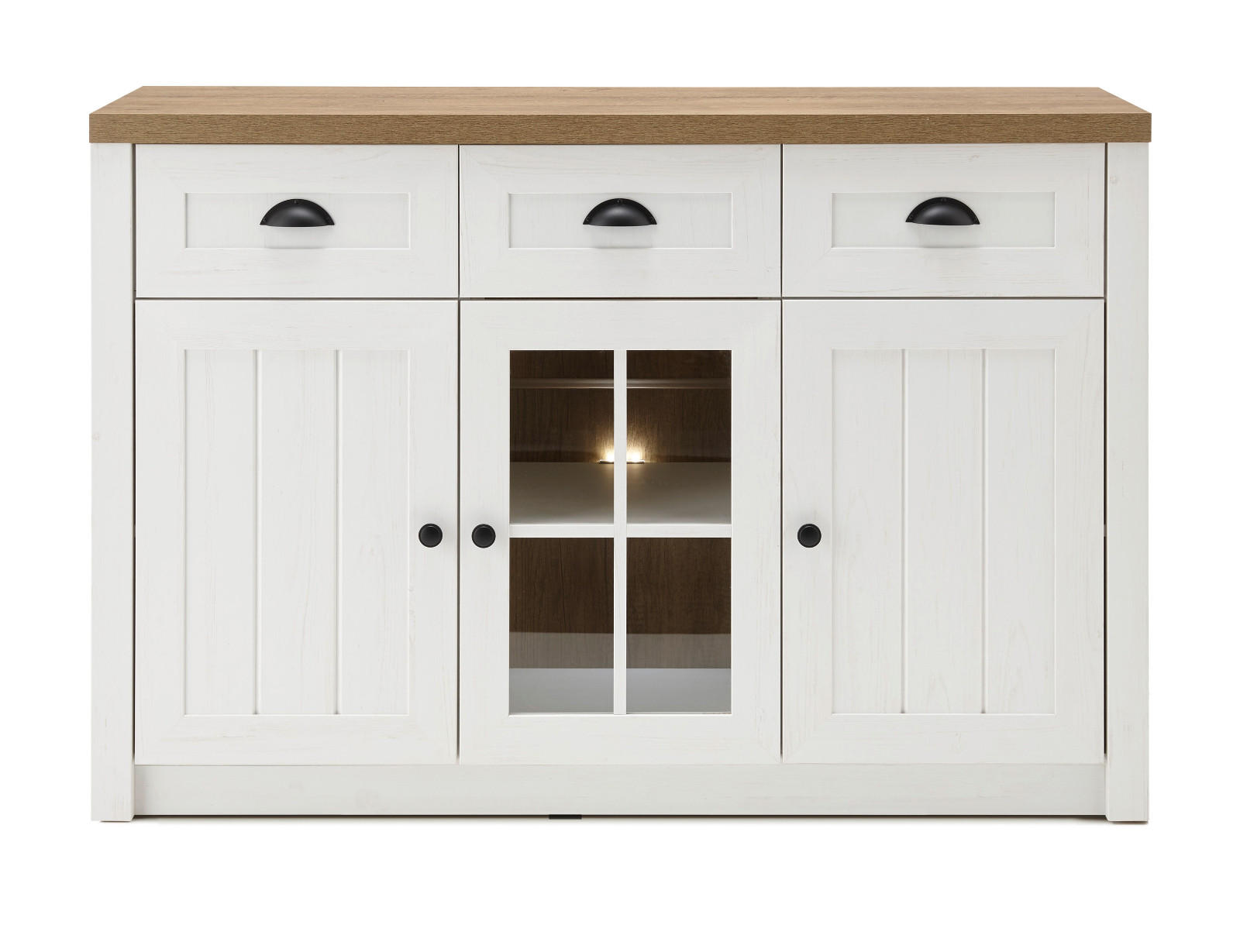 SIDEBOARD weiß Pinie, Eiche hell Landhaus, Kommode 130 x 86 cm - Eichefarben/Schwarz, Holzwerkstoff/Metall (130/86/43cm) - Furn.Design