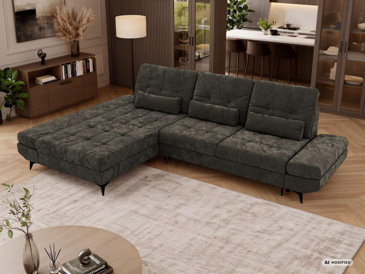 ECKSOFA ALVENO L - Dunkelgrau Schenille glatt - Links Seite - Dunkelgrau/Schwarz, Textil/Metall (218/344cm) - MKS