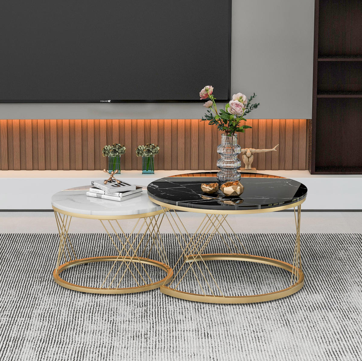 COUCHTISCH-SET 70/70/45 cm Schwarz aus Holzwerkstoff mit Marmormuster-Furnier im Nesting-Design - Schwarz, Holzwerkstoff (70/70/45cm) - OKWISH