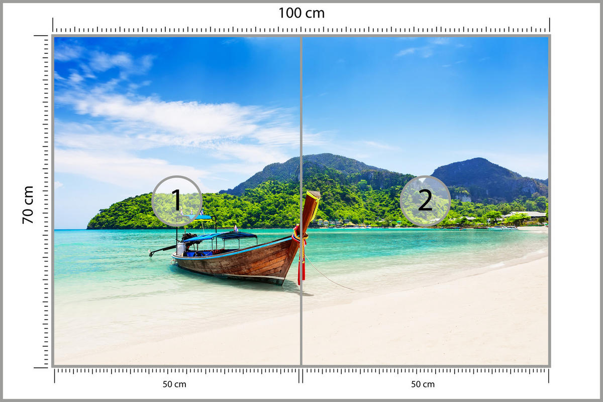 FOTOTAPETE für Schlafzimmer Boot Tropenstrand Palmen Meer 100x70 - Türkis/Blau, Papier (100/70cm) - Muralo