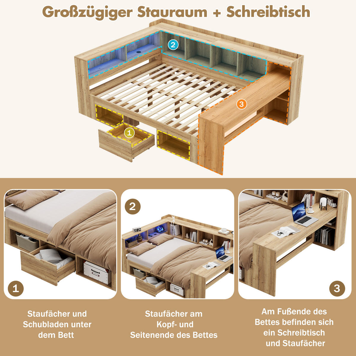 KINDERBETT Natur 140x200 LED USB Schreibtisch Stauraum - Naturfarben, Holzwerkstoff (140/200cm) - FLIEKS