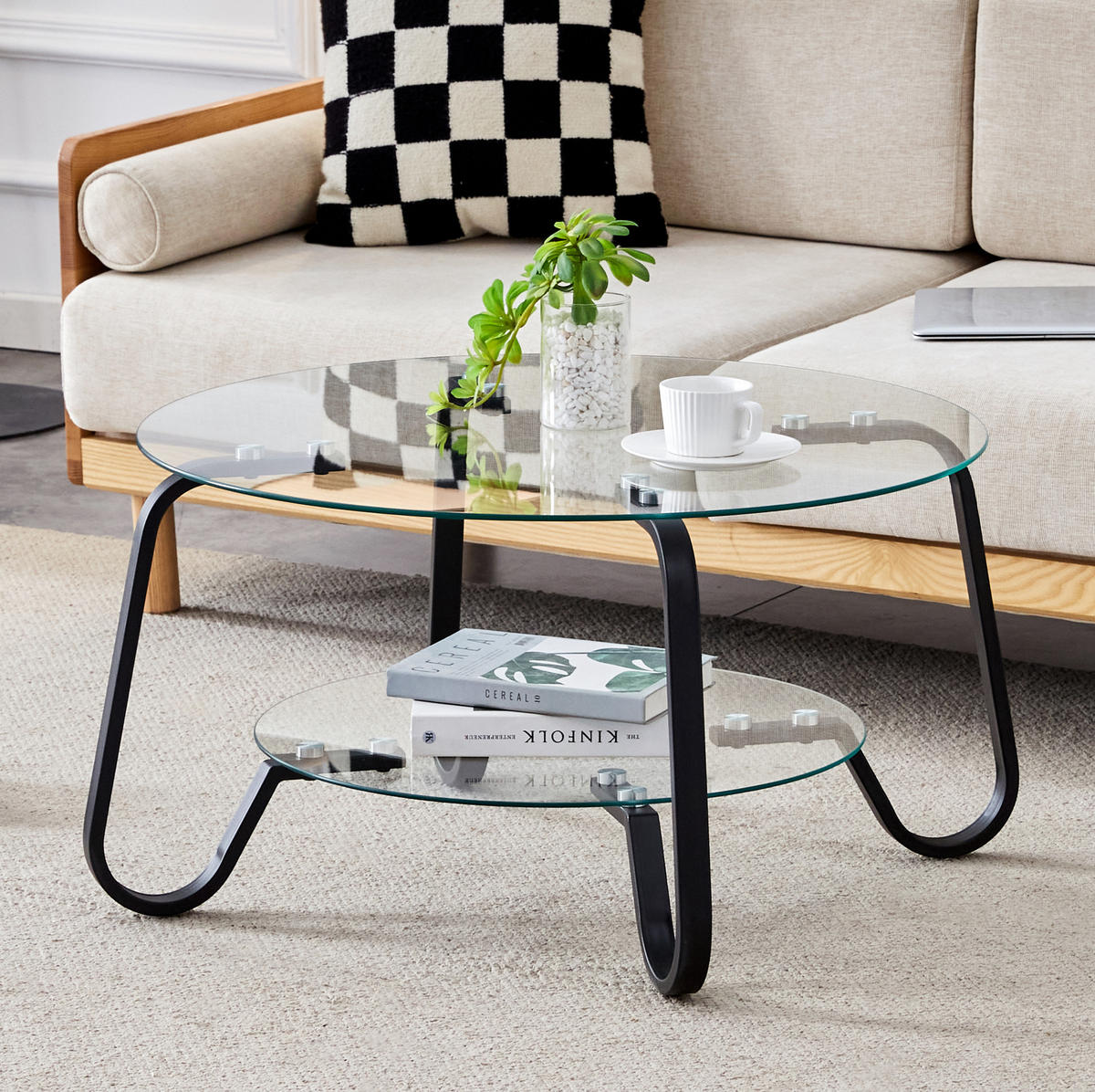 COUCHTISCH rund 2 Ebenen Metall Sicherheitsglas Schwarz - Schwarz, Metall (80/80/45cm) - Meubliv