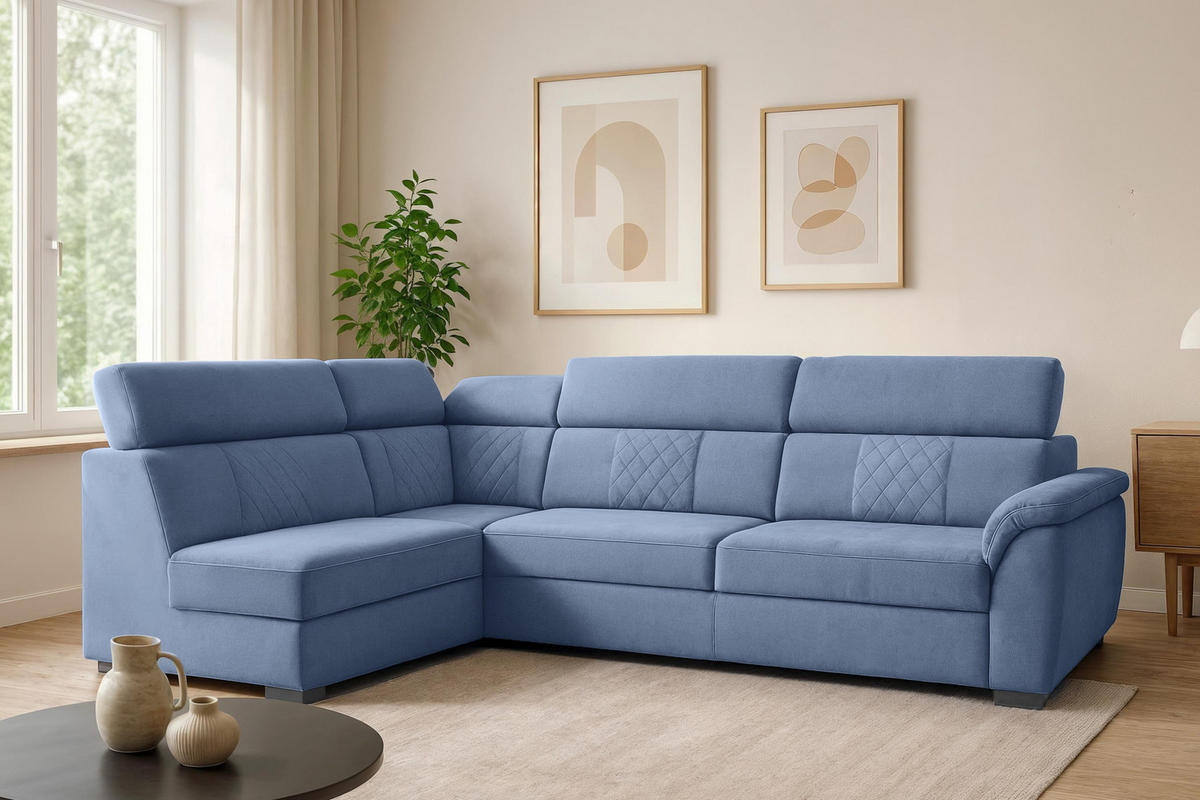 ECKSOFA Ravini Blau, Gestepptes Ecksofa, linke seite - Blau, Holzwerkstoff (253/156cm) - Bettso