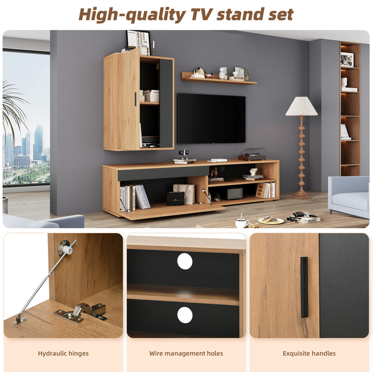 TV-SCHRANK-SET 3-teilig in Eiche/Schwarz 140/35/39 cm (mit Wandschrank und Regal) - Eichefarben, Holzwerkstoff (140/116/35cm) - Redom
