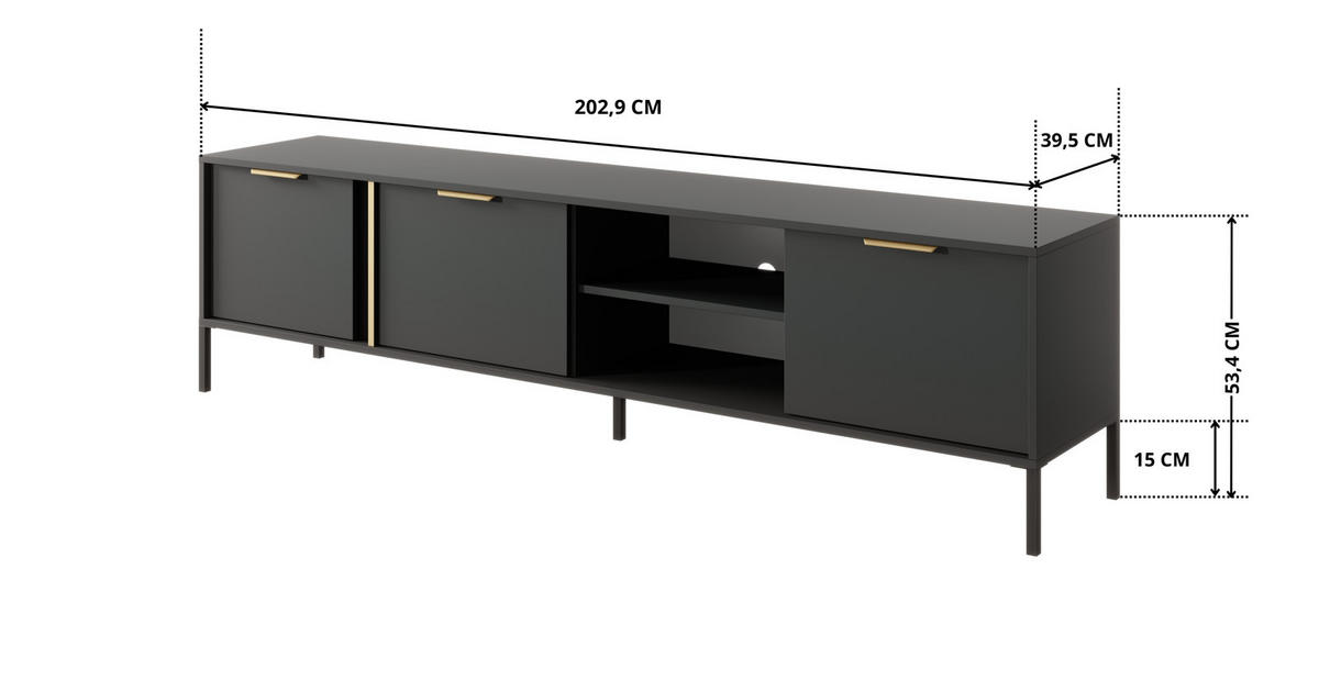 TV-LOWBOARD Valdi F 203 cm Anthrazit / Gold - mit 3 Türen und offener Nische - Anthrazit/Gelb, Holz/Holzwerkstoff (203/53/39cm) - Ravio