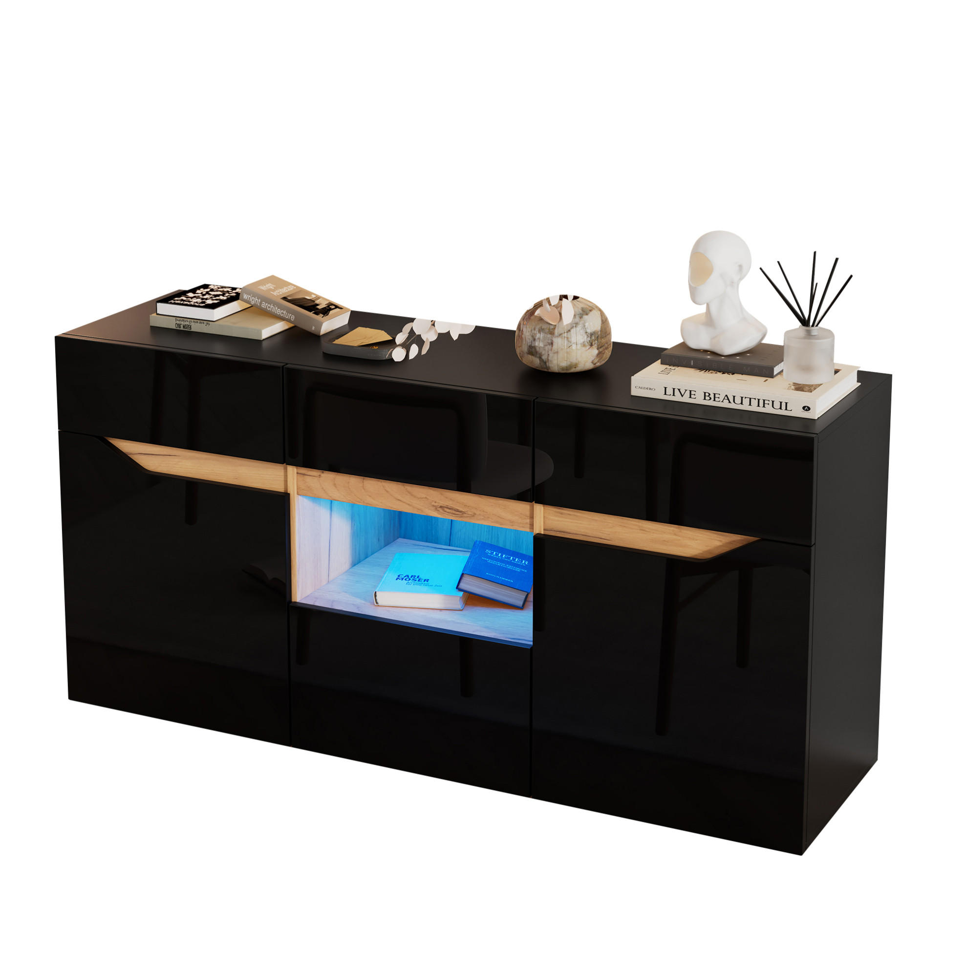 SIDEBOARD aus Spanplatte 140x40x70 cm Schwarz/Naturholz mit LED-Beleuchtung, 4 Schubladen, 2 Schränken und Hochglanz-Front - Schwarz, Holzwerkstoff (140/70/40cm) - Modfu