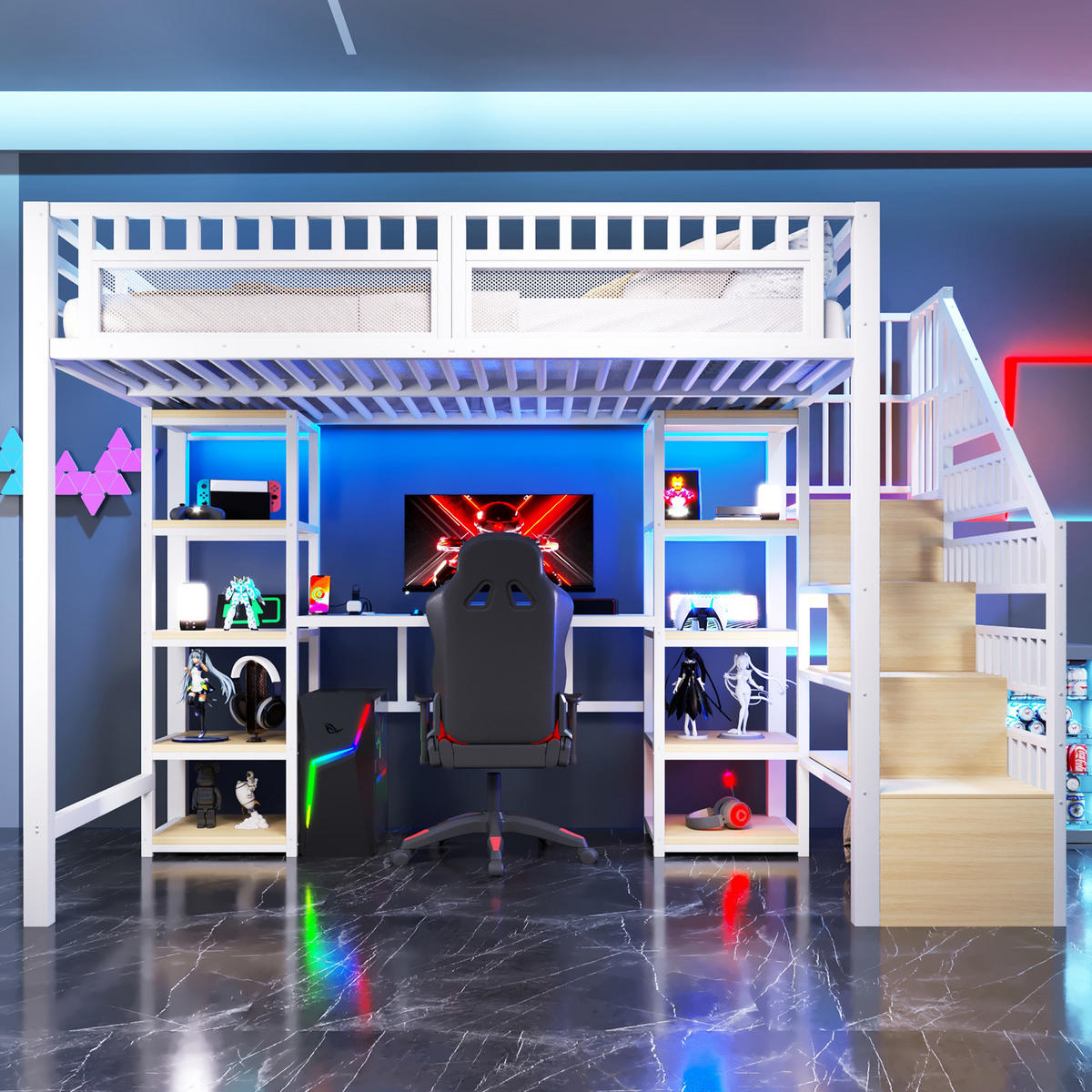 HOCHBETT 140x200cm Weiß Mit Schreibtisch USB & LED - Weiß, Metall - FLIEKS