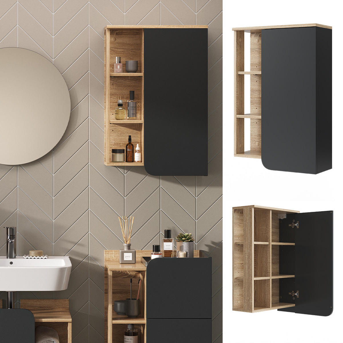 BADSCHRANK Karen Anthrazit 50 x 75 cm mit Tür und offenen Fächern - Anthrazit, Holzwerkstoff (50/75/20cm) - Vicco