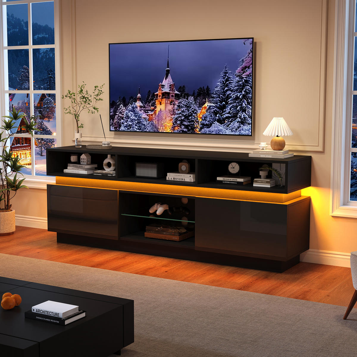 TV-LOWBOARD 160x35x60 cm Schwarz Hochglanz LED MDF 60" TV - Schwarz, Holzwerkstoff (35/60/160cm) - FLIEKS