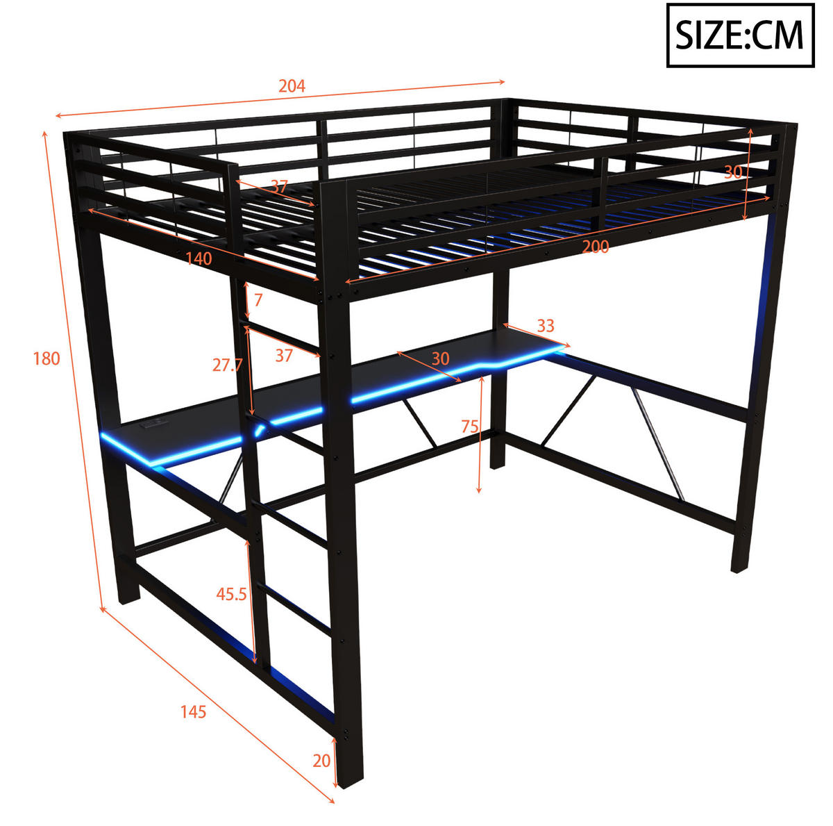 GAMING-HOCHBETT 140x200 cm in Schwarz mit Schreibtisch und LED-Beleuchtung - Schwarz, Holzwerkstoff (140/200cm) - IVMEU