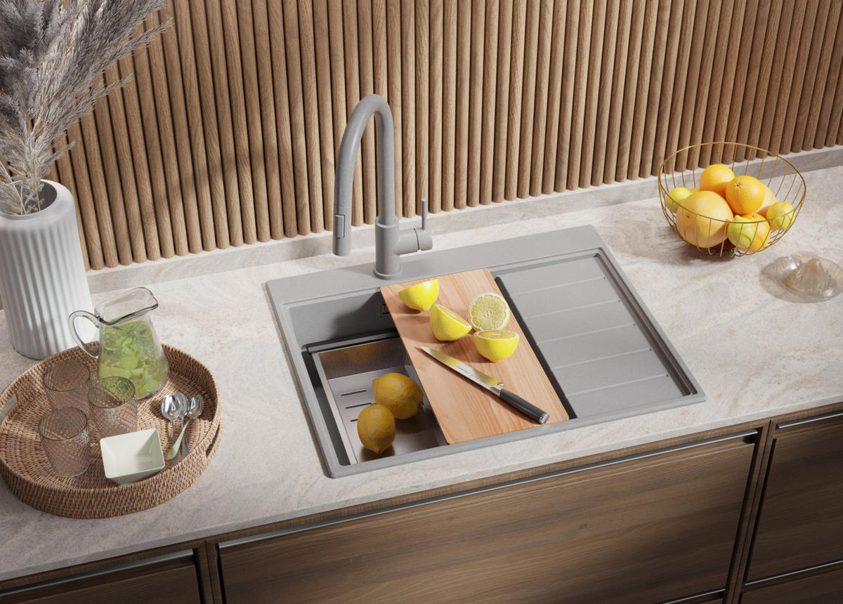 SPÜLBECKEN Sydney, 2-er set Grau 62/50 cm 1 Becken + Ablauf-Set + Küchenzubehörset ab 45er Unterschrank - Chromfarben/Beige, Kunststoff (62/20/50cm) - Primagran