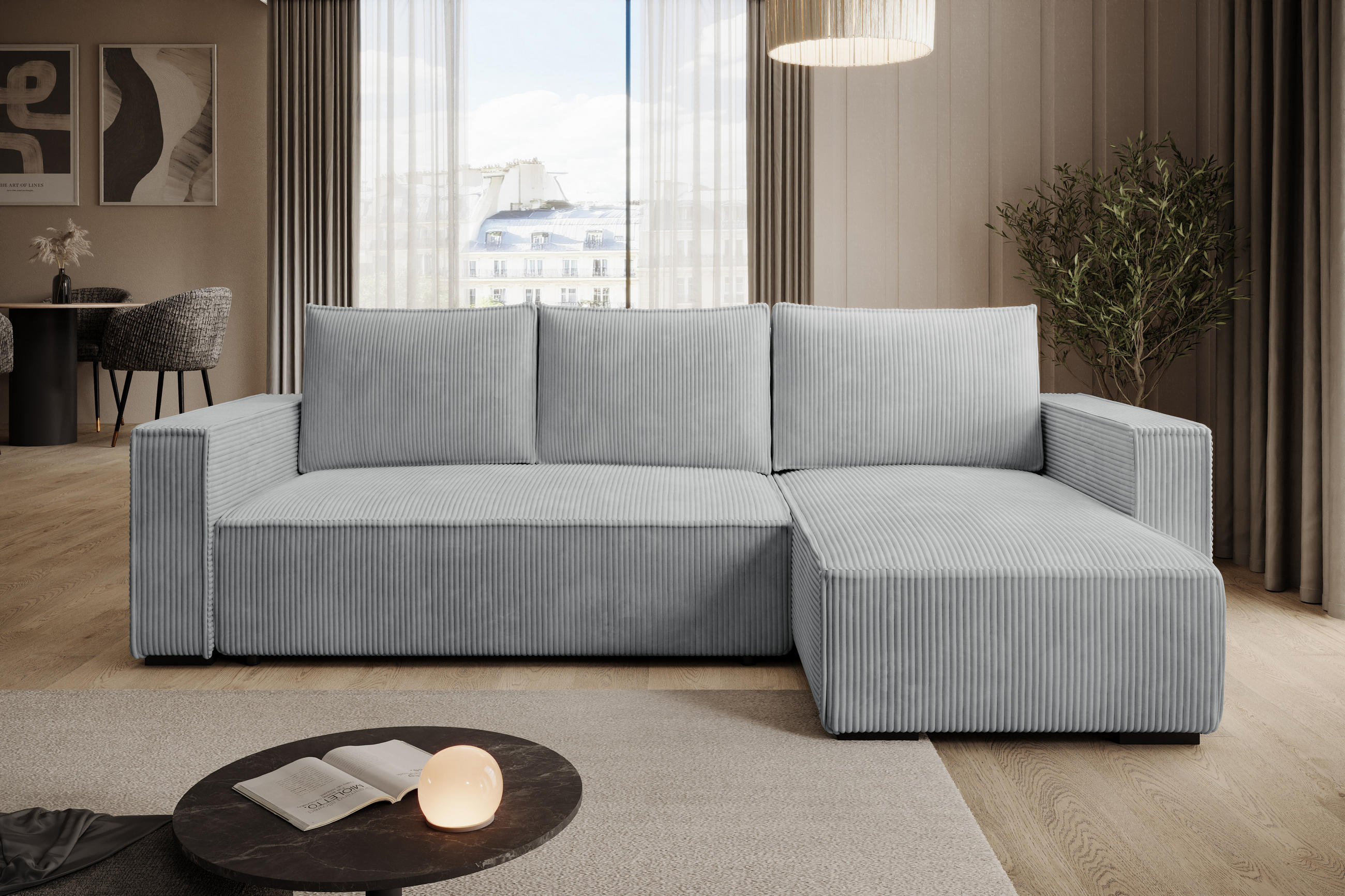 ECKSOFA CUDDY L, Eckcouch in L-Form mit Schlaffunktion und Bettkasten, Farbe: Grau, Cordstoff, Ottomane Rechts - Grau, Textil (240/140cm) - Storez24