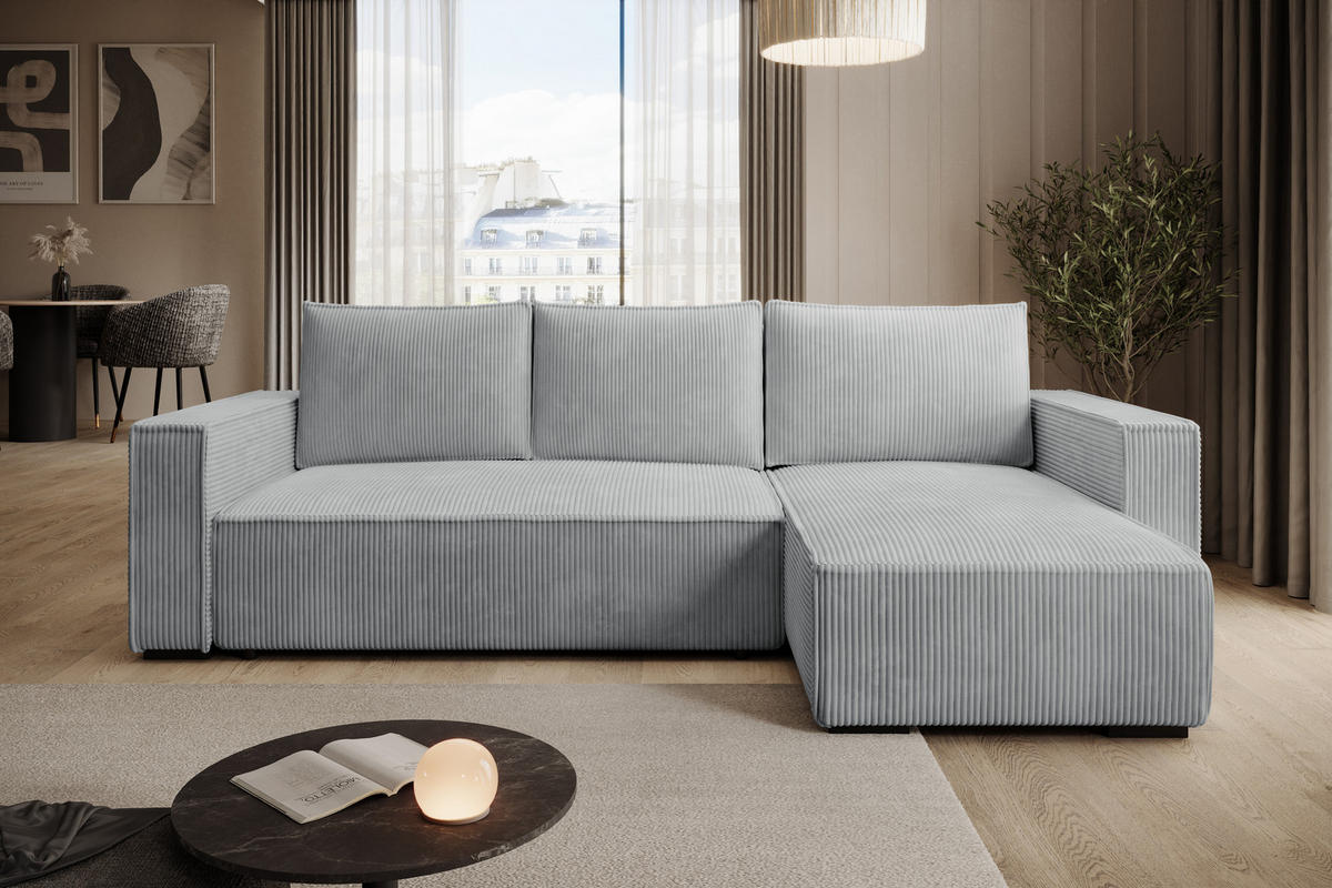ECKSOFA CUDDY L, Eckcouch in L-Form mit Schlaffunktion und Bettkasten, Farbe: Grau, Cordstoff, Ottomane Rechts - Grau, Textil (240/140cm) - Storez24