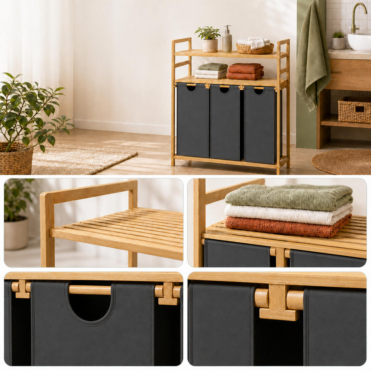 WÄSCHESAMMLER Natur Grau 3er-Set Bambus - Multicolor, Holz/Textil (78/100/41.5cm) - Relaxdays