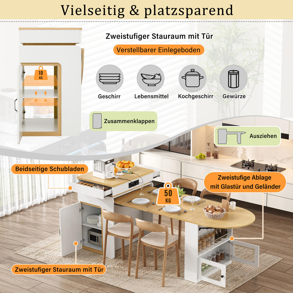 KÜCHENINSEL ausziehbar 55-194/80/95,5 cm mit LED DE-39581 Weiß - Weiß, Holzwerkstoff (80/95.5/55cm) - ComfortXL