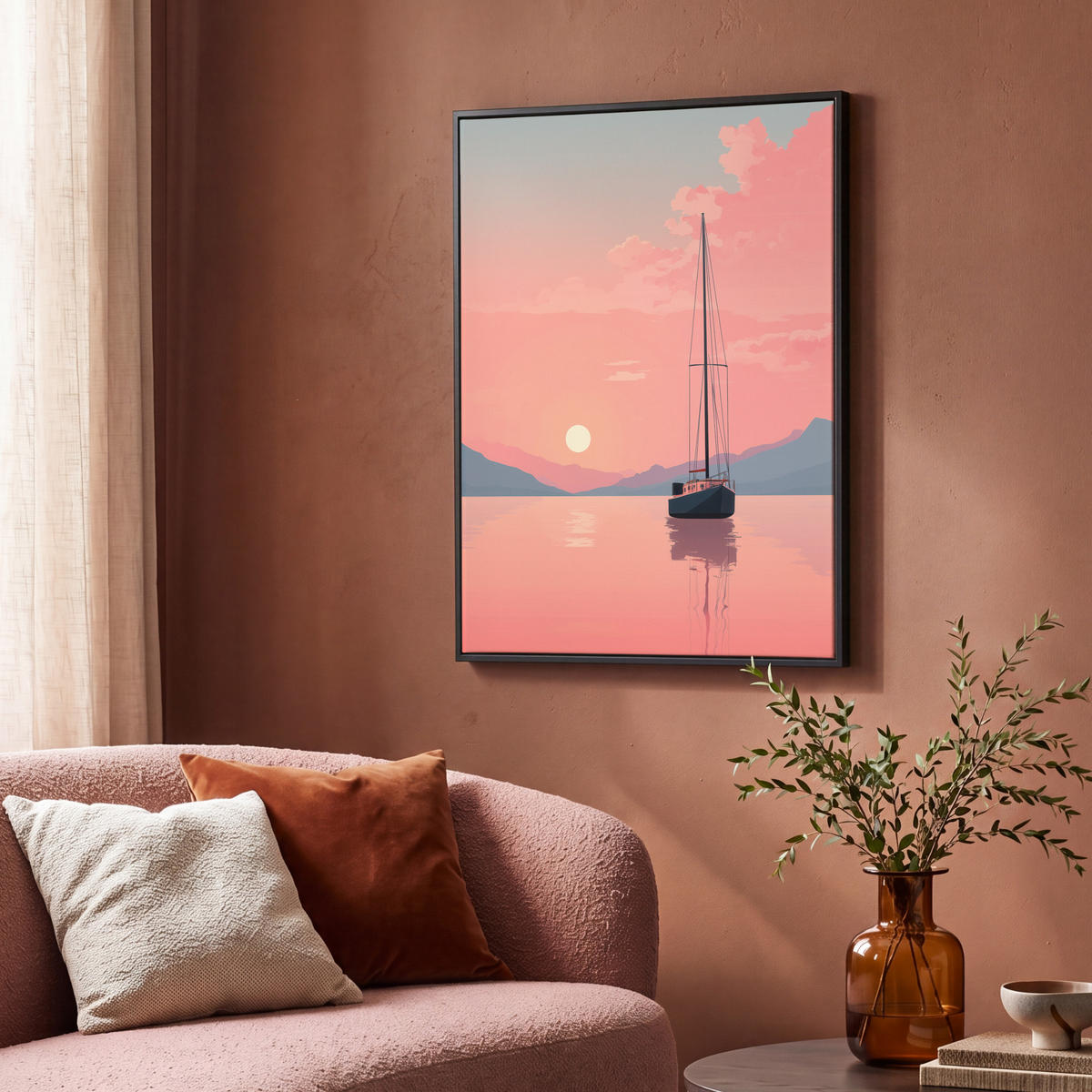 LEINWAND Bilder mit Rahmen - Segelboot - Rosa Meer - Sonnenuntergang - Berge - 70x100 - Rosa, Textil (70/100cm) - MuchoWow