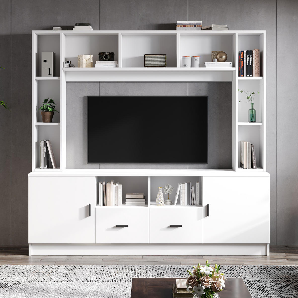 TV WOHNWAND SET 180cm Vitrine 2 Schränke 11 Fächer Weiß modern - Weiß, Holzwerkstoff (35/170/180cm) - FLIEKS