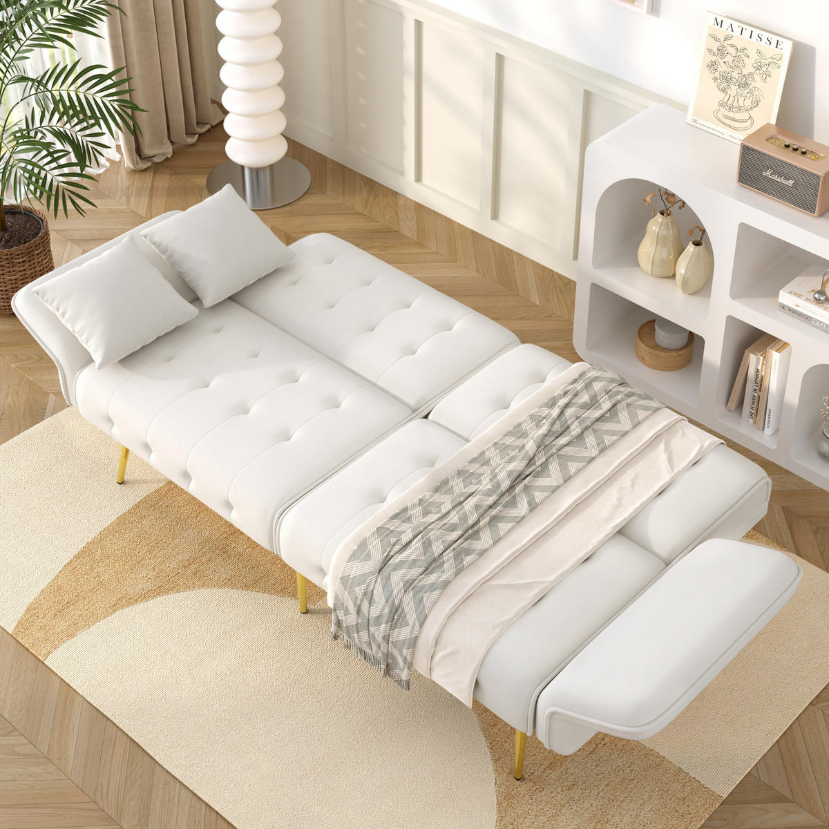 SOFABETT 2-in-1 215 x 81,5 cm Velours Ancient White - Weiß, Kunststoff (178/70/82cm) - Meubliv