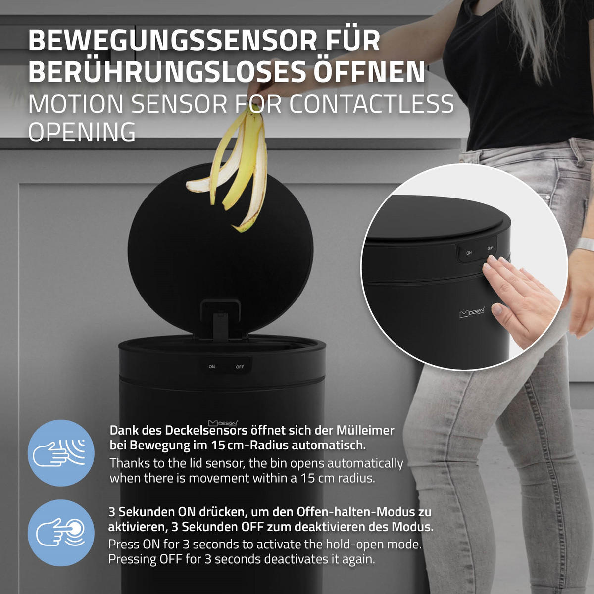 MÜLLEIMER mit Sensor 30L rund aus Stahl Schwarz - Schwarz, Metall (29/52/29cm) - ML-DESIGN