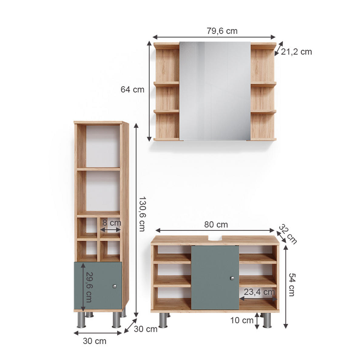 BADMÖBEL-SET Fynn Grün 3 Teile, mit Midischrank Tür klein - Honigeiche/Grün, Holzwerkstoff (60/54/32cm) - Vicco
