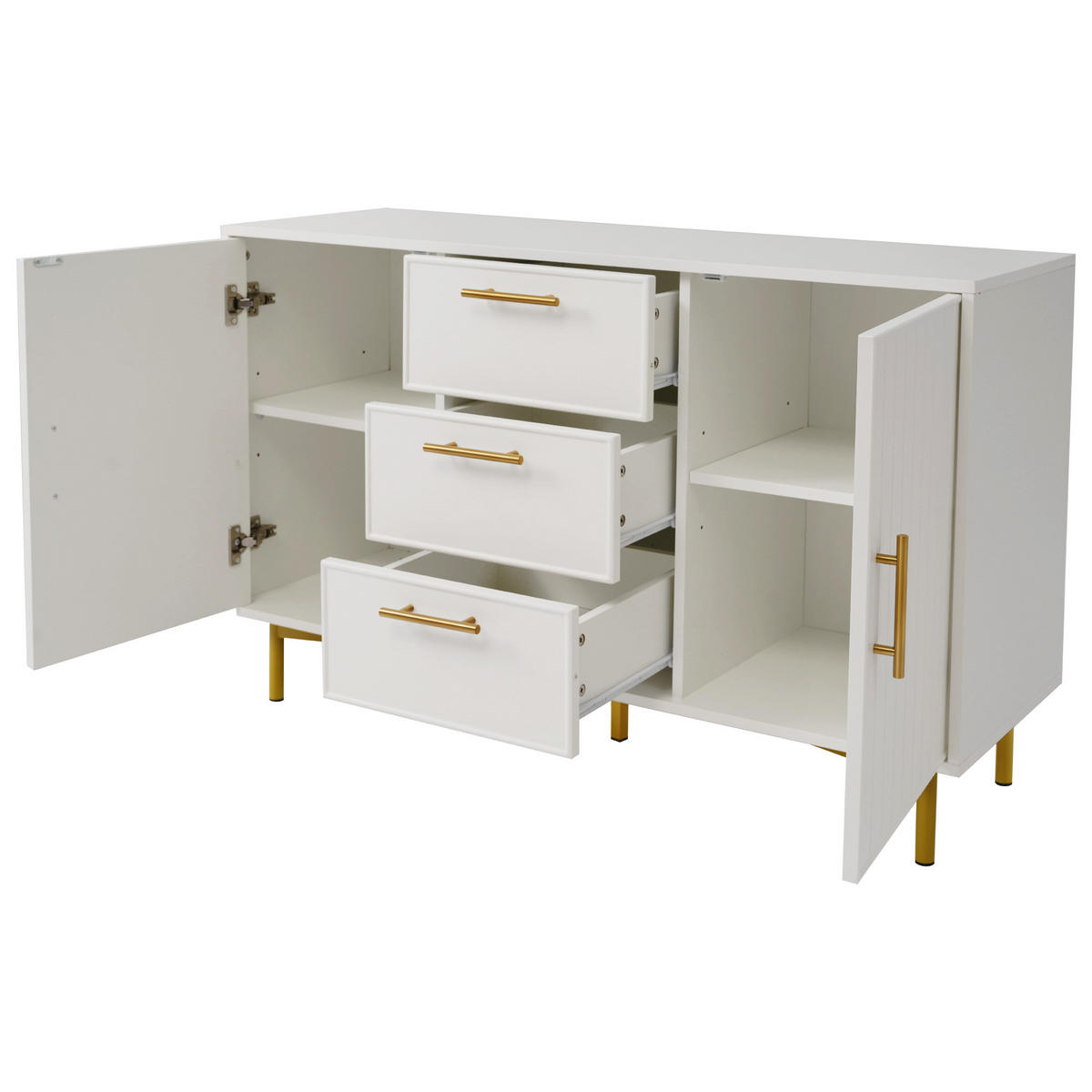 KOMODA dřevěný materiál bílá s drážkovaným čelem, 2 dvířka a 3 zásuvky - bílá, kompozitní dřevo (120/40/75cm) - Urban Meuble