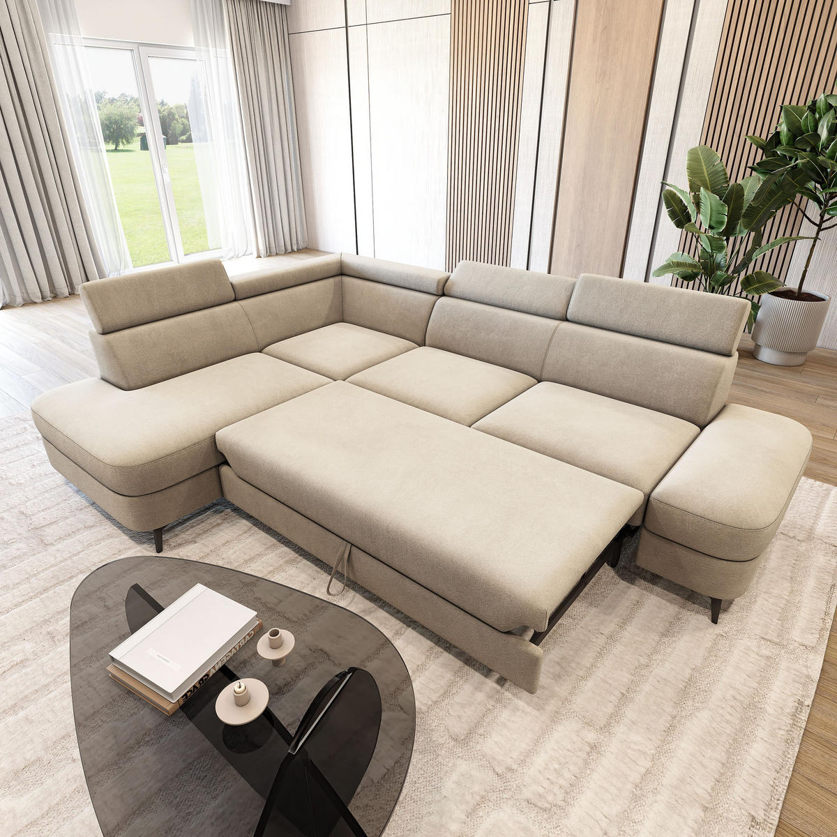 ECKSOFA AVISE MV L-S Creme Velours-Stoff mit Schlaffunktion - Creme, Holzwerkstoff/Textil (268/195cm) - MASSENO