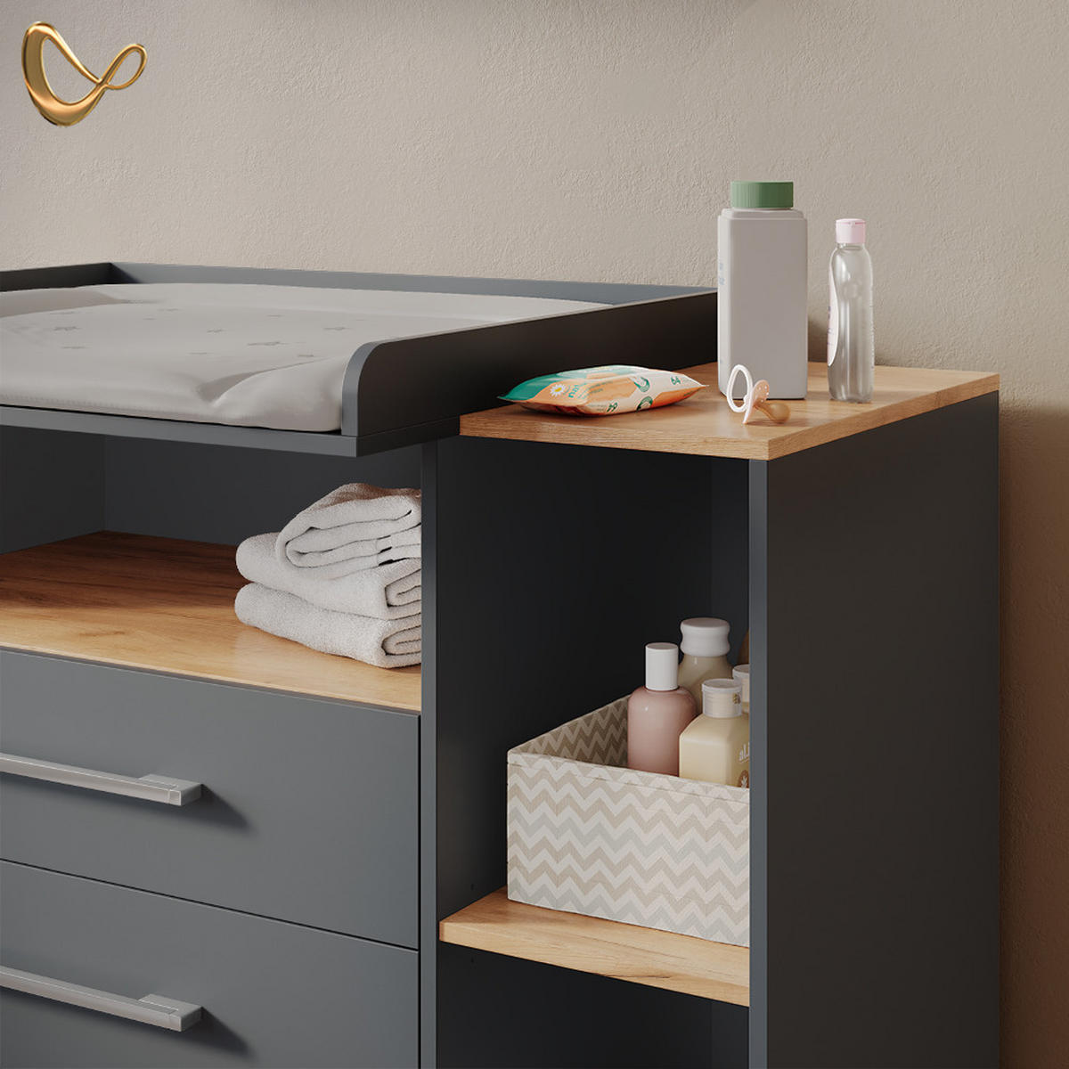 WICKELKOMMODE Torino Anthrazit/Goldkraft Eiche mit 3 Schubladen - Honigeiche/Anthrazit, Holzwerkstoff (113/93/53.1cm) - Livinity®
