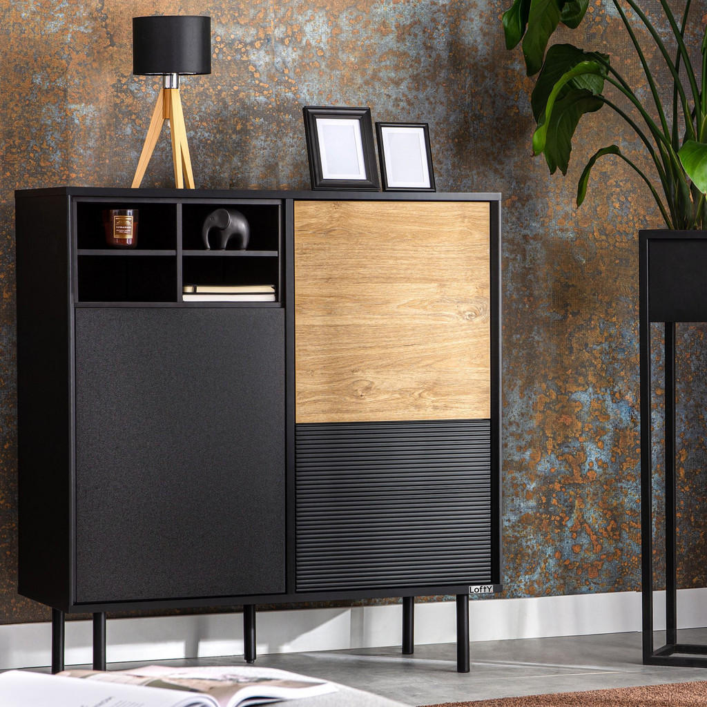 Thumbnail - Konsimo® Kommode, Schwarz, Eiche, Holzwerkstoff, Quadratisch, 102x109x41 cm, Wohnzimmer, Kommoden & Sideboards, Kommoden