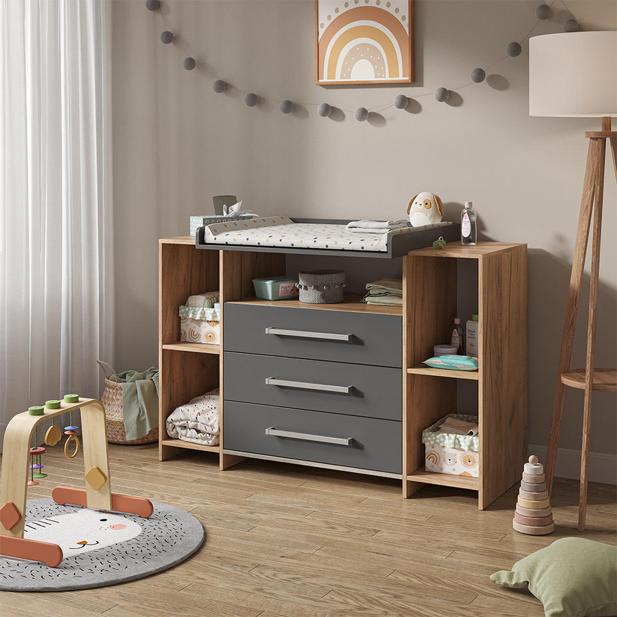WICKELKOMMODE Oskar Eiche 143 x 100 cm XL mit Schubladen - Anthrazit/Sonoma Eiche, Holzwerkstoff (143/100/70cm) - Vicco