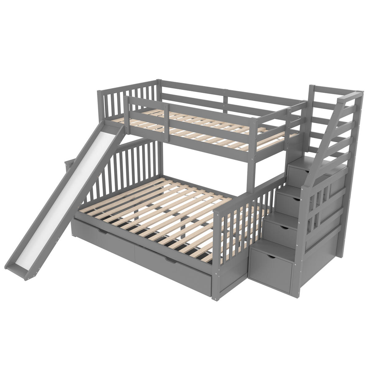 ETAGENBETT 90/200 cm Grau mit Schubladen und Rutsche aus Kiefernholz - Grau, Holz (90/200cm) - OKWISH