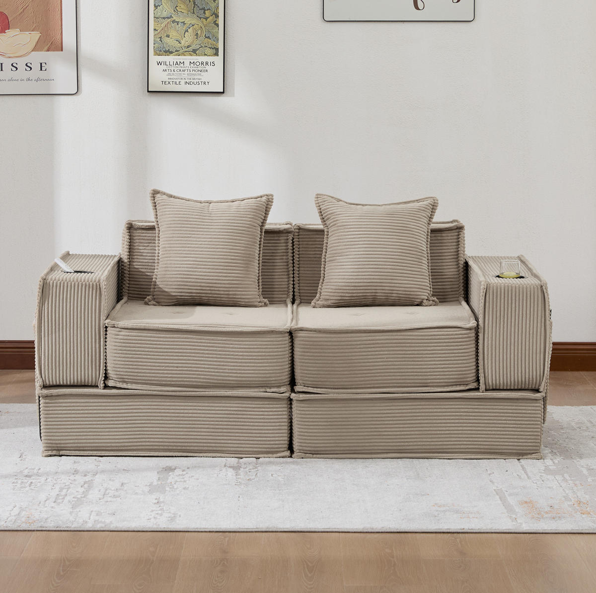 2-SITZER-SOFA 162/78/66 cm mit 2 Kissen, Seitentaschen und modularer Form, Cord Khaki - Beige, Textil (162/66/78cm) - Redom