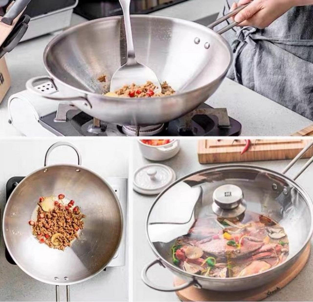 WOKPFANNE Twin Nova 30 cm mit Glasdeckel und Chinesisches Kochmesser Set Induktionsgeeignet Unbeschichtet Für Alle Herdarten - Silberfarben, Metall (30cm) - Zwilling