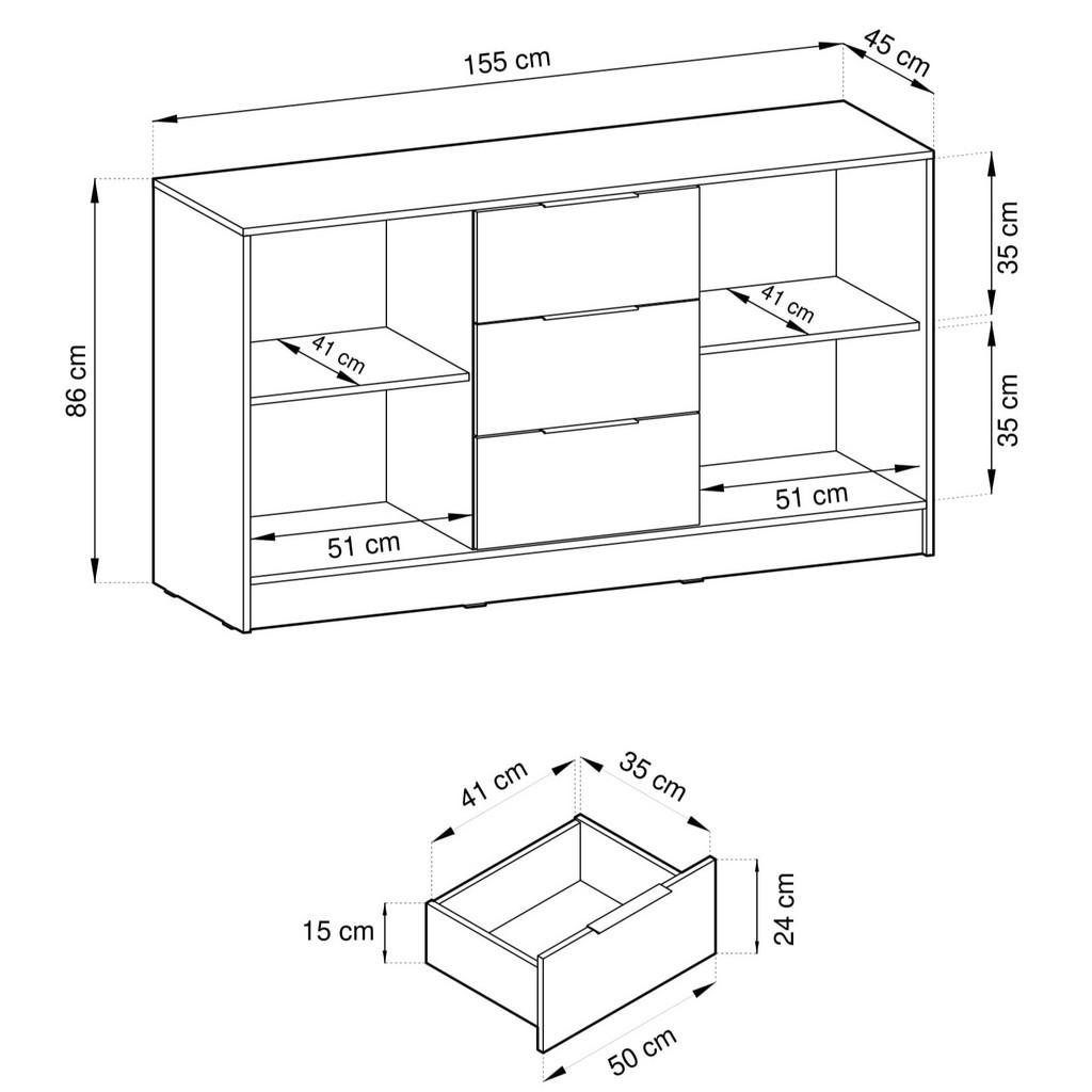 Thumbnail - Masseno Sideboard, Eiche Artisan, Holzwerkstoff, 3 Schubladen, 155x86x45 cm, Wohnzimmer, Kommoden & Sideboards, Sideboar...