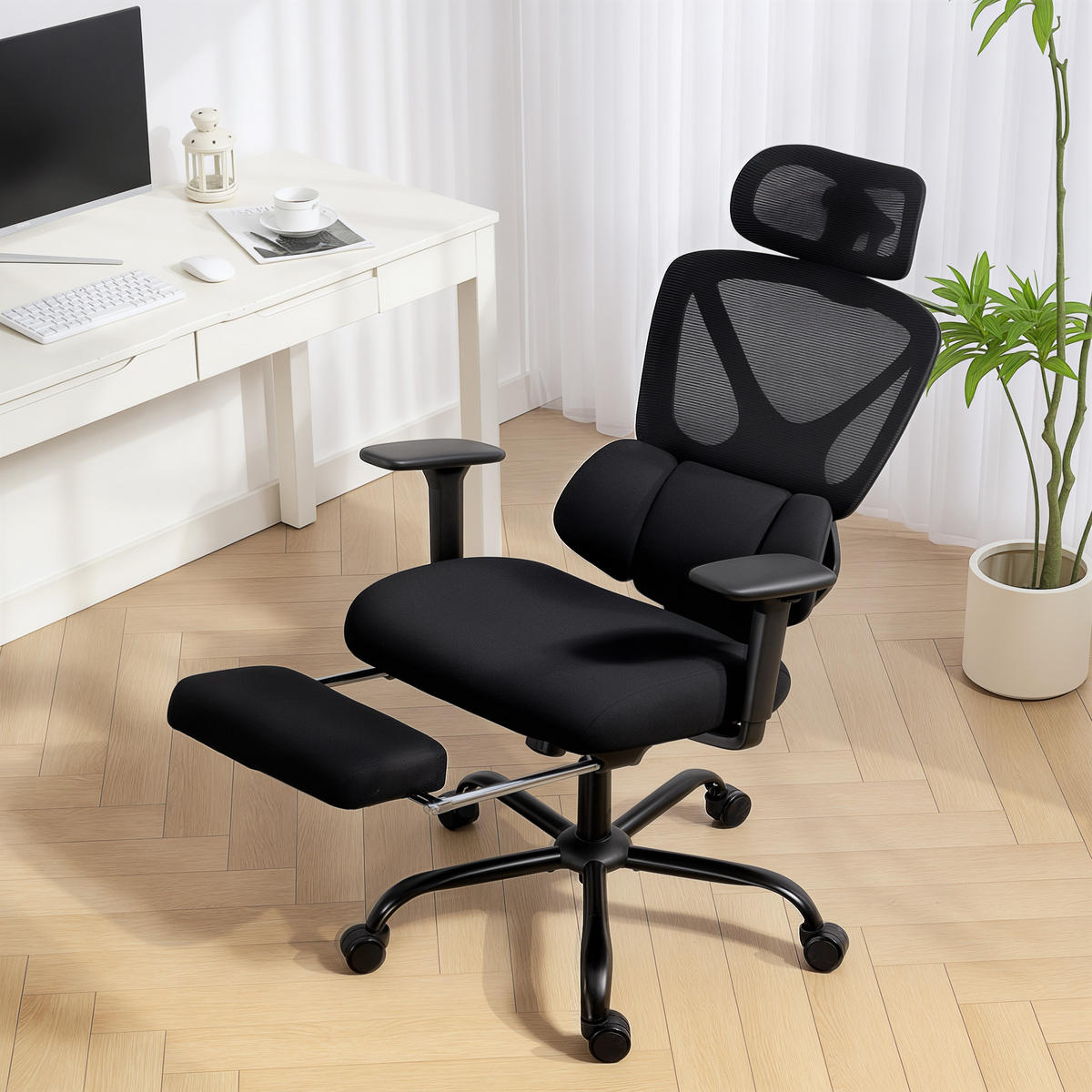 BÜROSTUHL ergonomisch mit Netzstoff, verstellbare Kopfstütze - Schwarz, Kunststoff/Textil (73/128/75cm) - HOMCOM