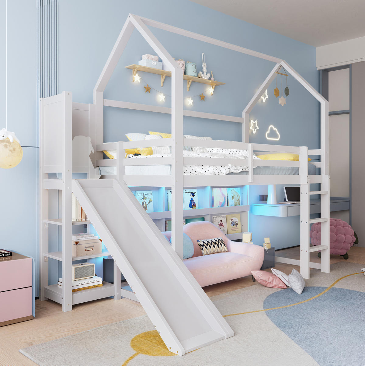 HOCHBETT 90x200 cm in Weiß mit Rutsche, Treppe, LED-Leiste und Regalen - Weiß, Holz (90/200cm) - IVMEU