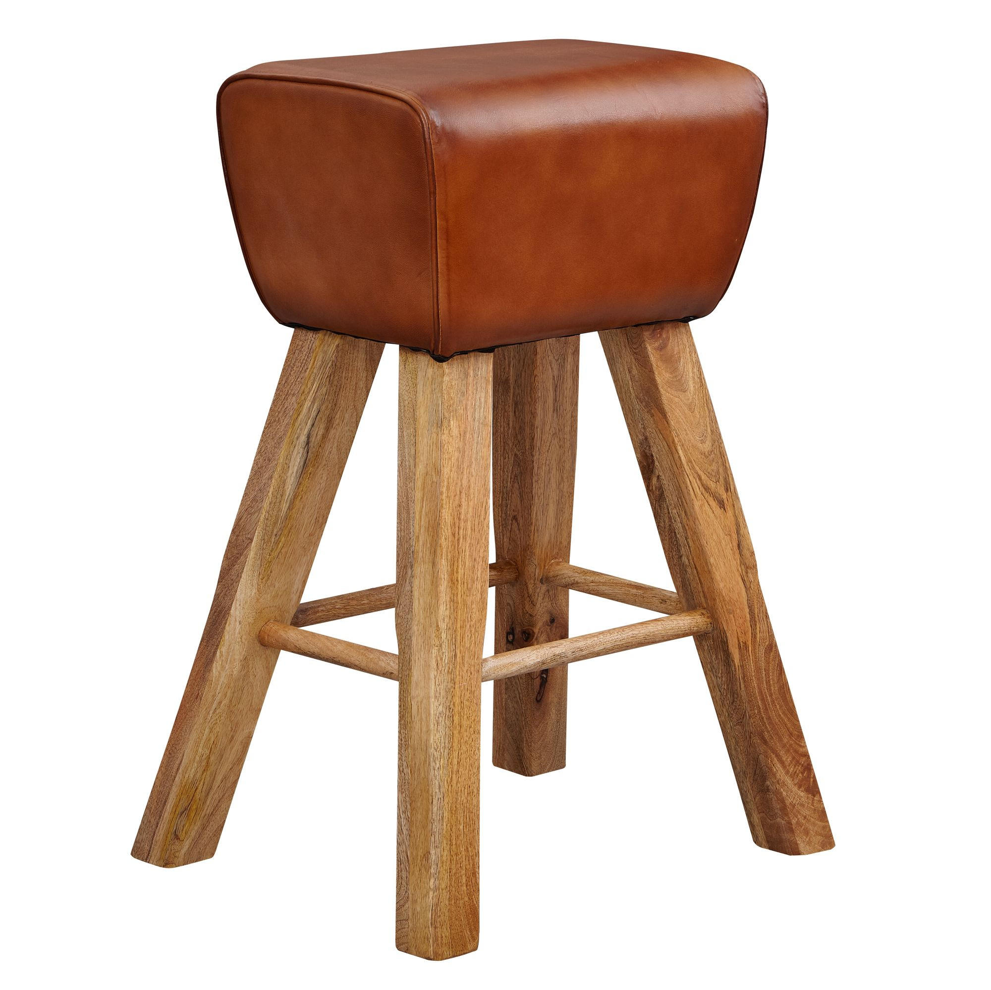 BARHOCKER – Mango Massivholz und Echtleder, Turnbock-Design, 43x75x43 cm, Braun, ohne Lehne - Braun, Leder/Holz (43/75/43cm) - KADIMA DESIGN