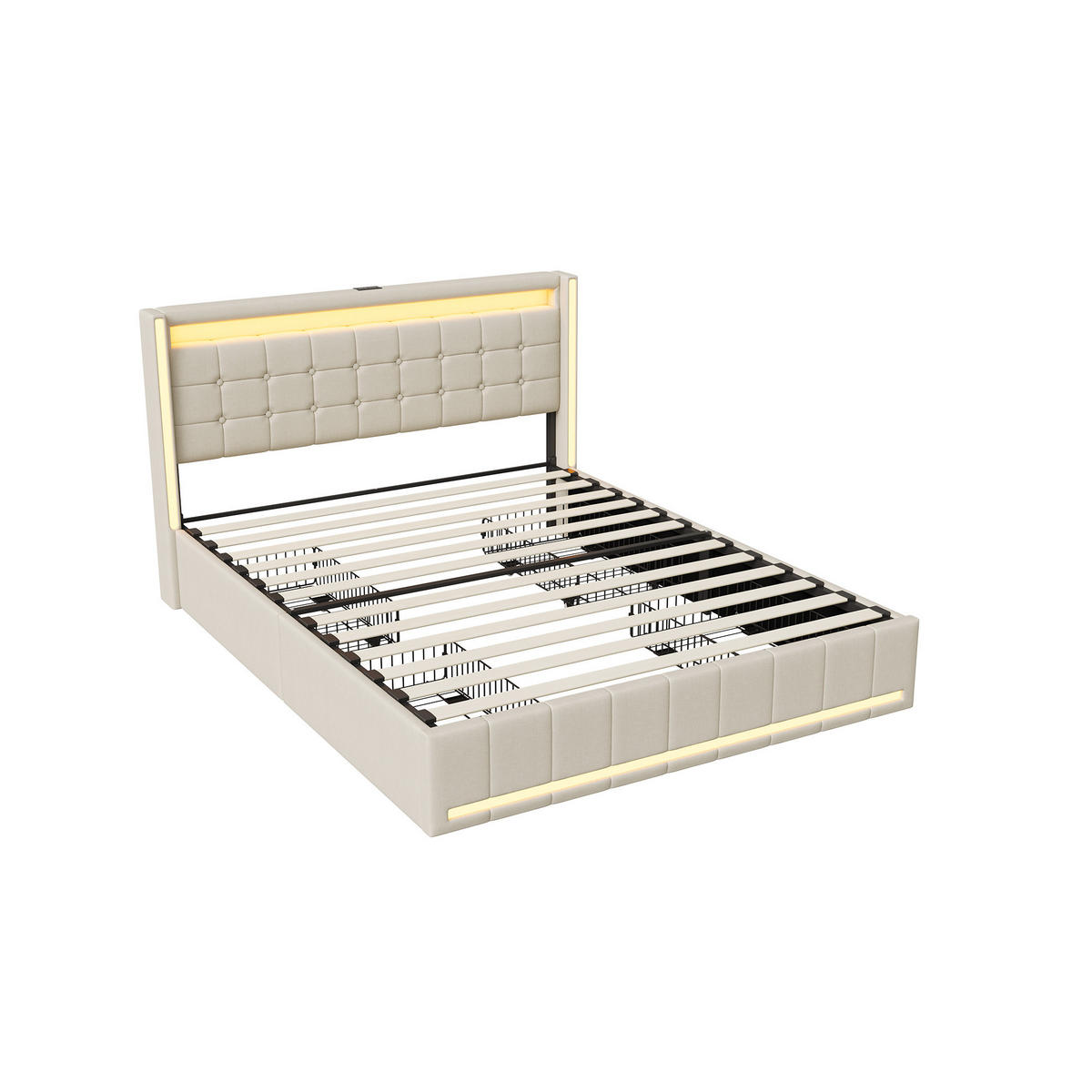 POLSTERBETT Geometrisch 140/200 cm mit 4 Schubladen & App-LED Leinenoptik Beige - Beige, Textil (140/200cm) - Creahappy