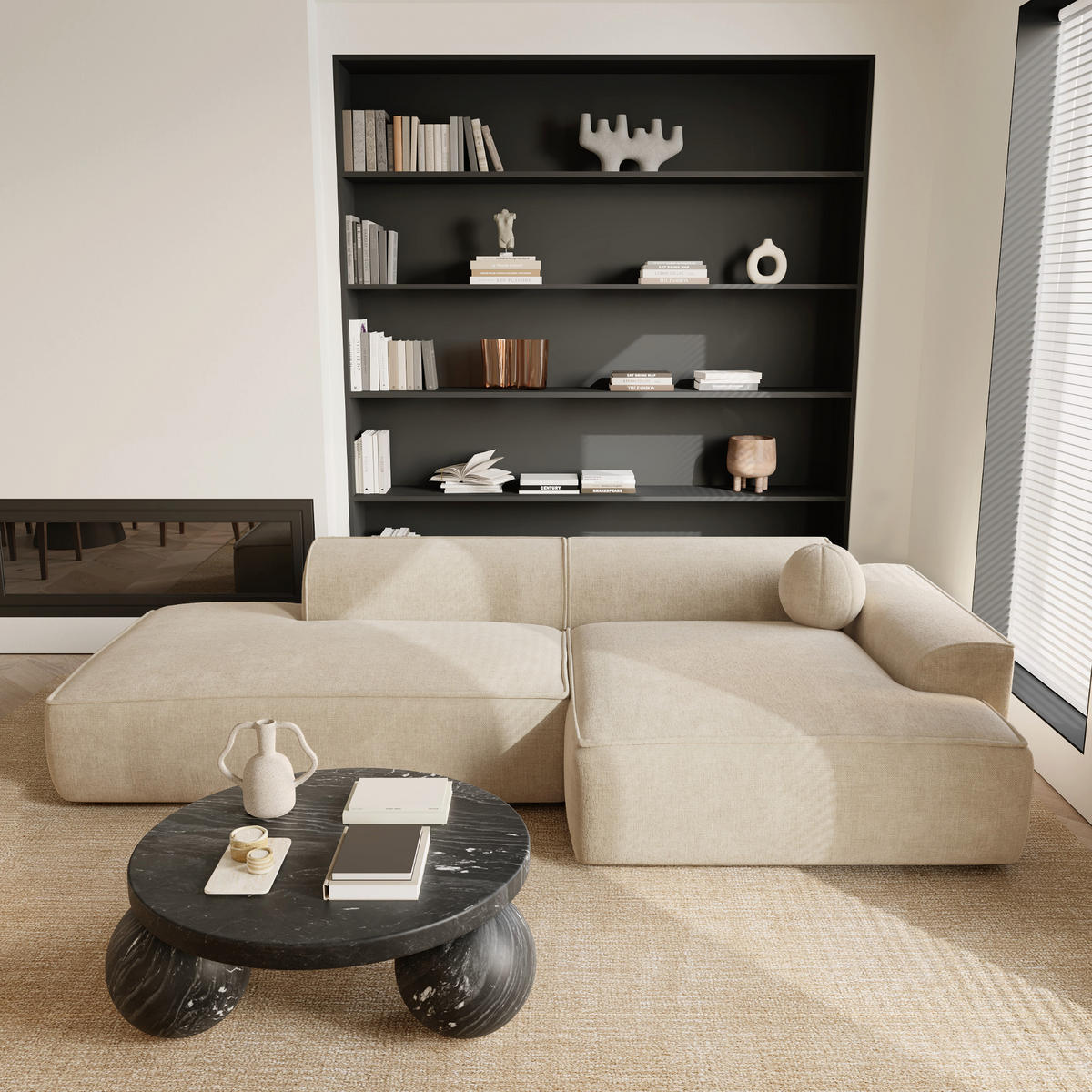 ECKSOFA RECHTS Samt Creme 300cm - Creme, Textil (300/155cm) - Sia Home