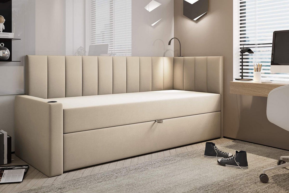 JUGENDBETT, 90 x 200 cm, Tokio, Bett mit Bonellmatratze H3 und Bettkasten, Einzelbett, Beige - Beige, Holzwerkstoff/Kunststoff (90/200cm) - Trada