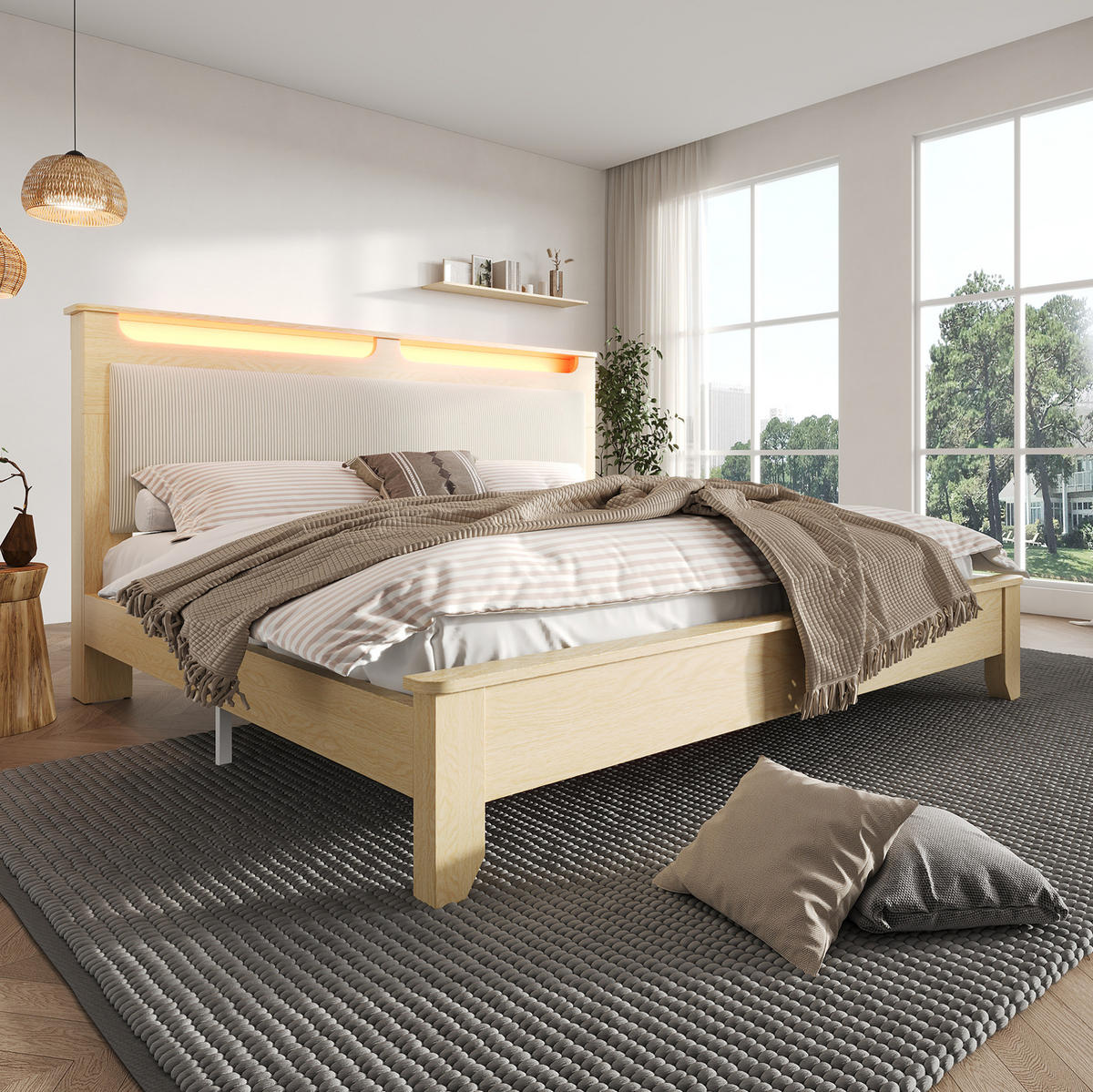 DVOULŮŽKOVÁ postel 160/200 cm béžová a dubová z manšestru a dřeva s LED a úložným čelem - béžová, textil (160/200cm) - OKWISH