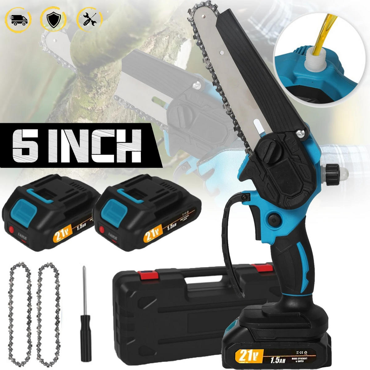 KETTENSÄGE 21V 6 Zoll kabellose elektrische, Mit 2 Batterien - Blau, Metall (13/7/46cm) - Coonoor