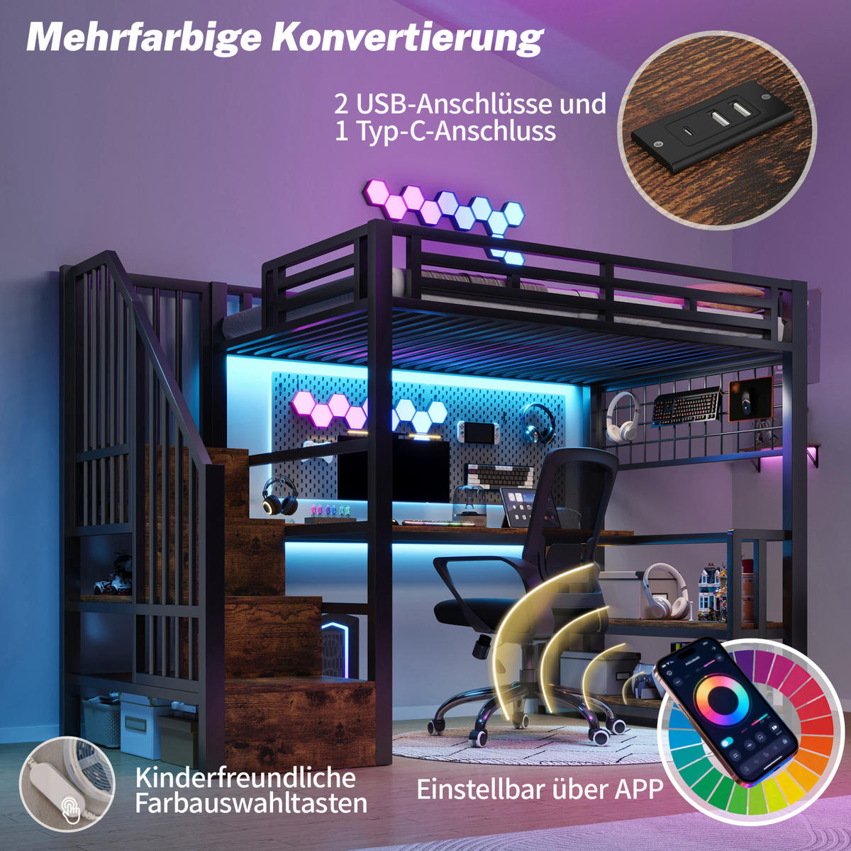HOCHBETT 90/200 cm Schwarz aus Metall mit Schreibtisch - Schwarz, Metall (90/200cm) - OKMYHOME
