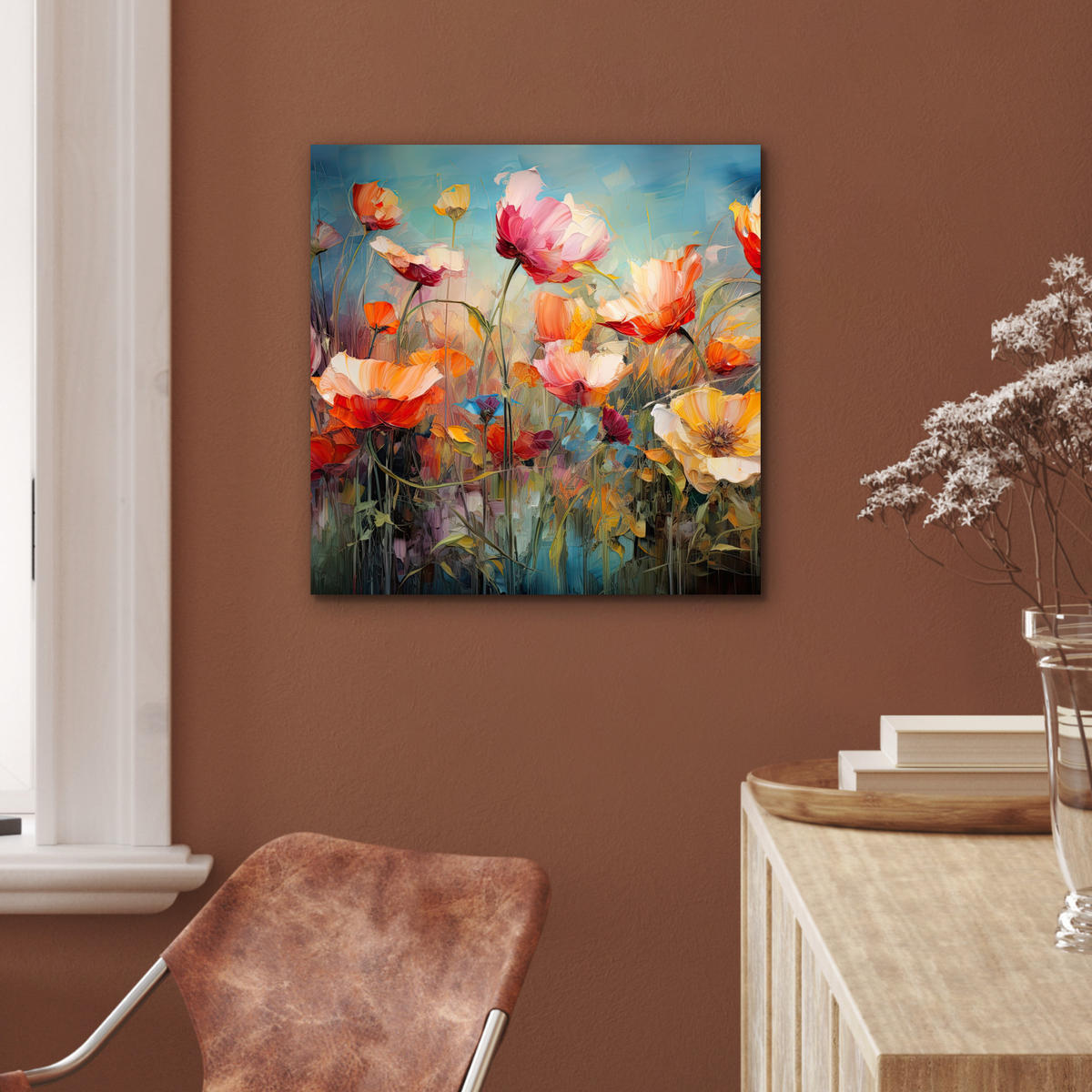 METALLBILD Blumen - Aquarell - Kunst - Botanisch - Natur 50x50 cm - Orange, Metall (50/50cm) - MuchoWow