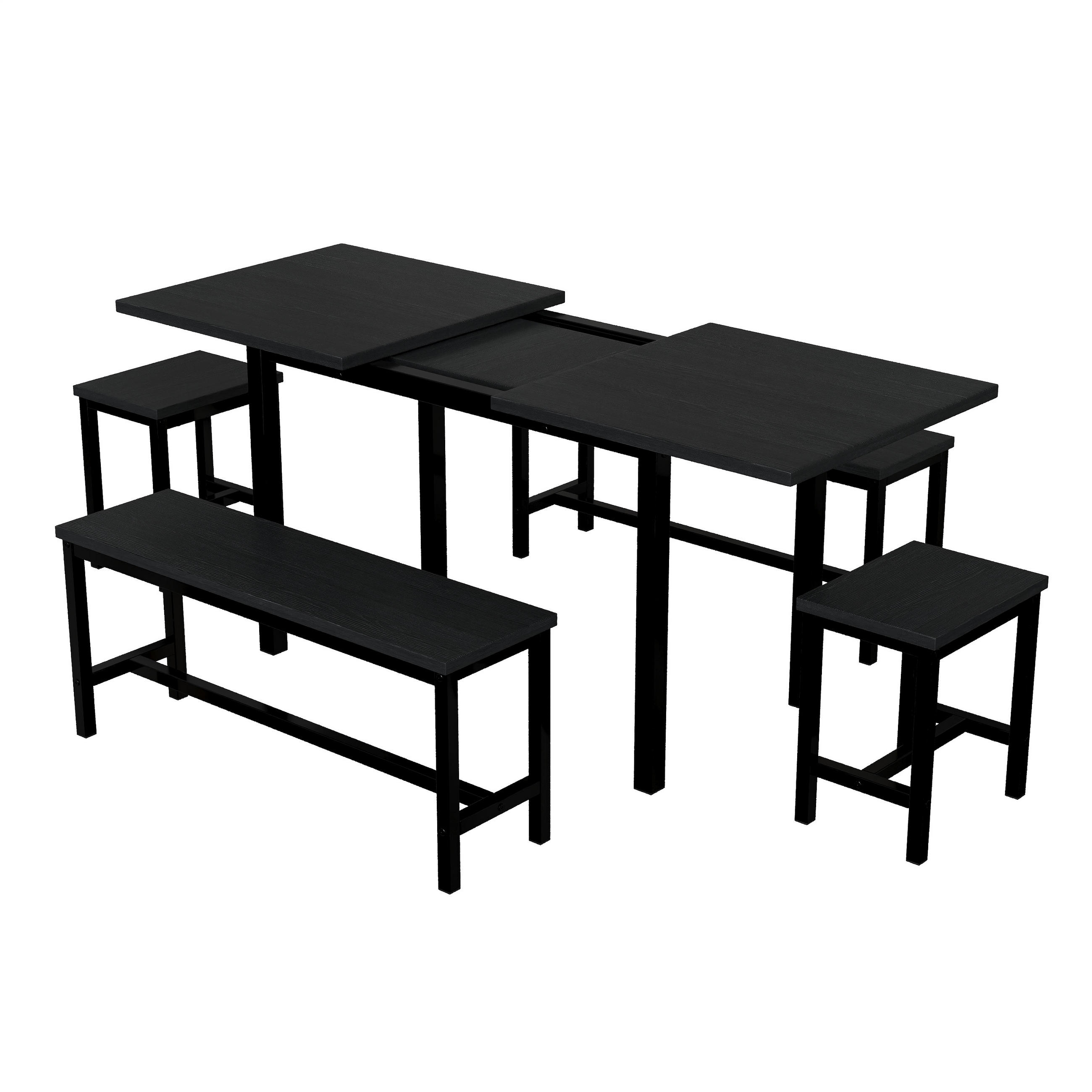 TISCHSET Ausziehbar mit mit 2 Bänken und 2 Hockern - Schwarz, Holzwerkstoff/Metall (70/75/160cm) - Urban Meuble