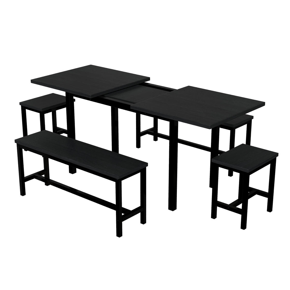 TISCHSET Ausziehbar mit mit 2 Bänken und 2 Hockern - Schwarz, Holzwerkstoff/Metall (70/75/160cm) - Urban Meuble