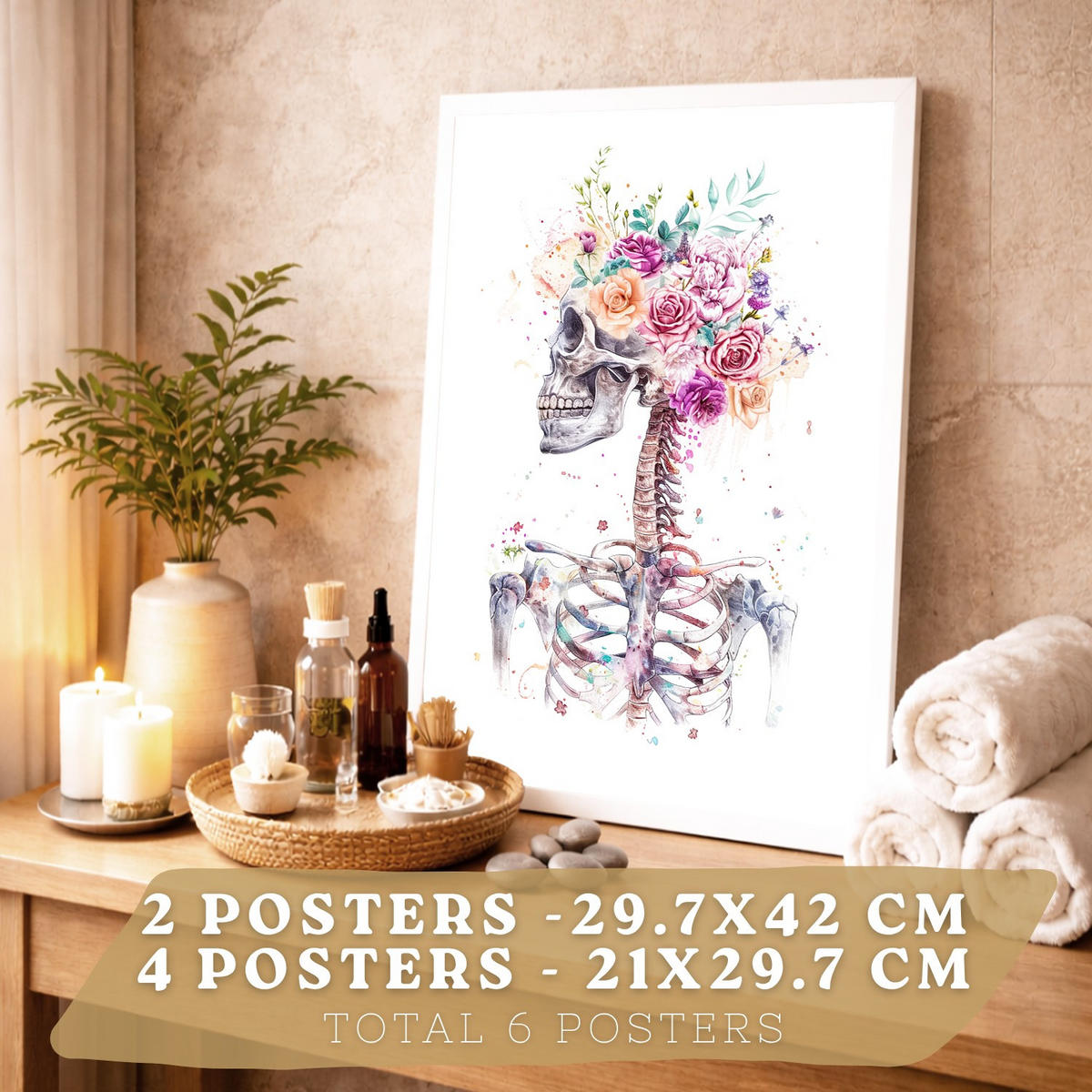 POSTER Set aus 6 Anatomie Mensch Florale Aquarell Drucke und mit Gehirn Lungen Skelett Nieren und Organen Botanische Größe Rahmenlos A3 & A4 - Klar, Papier (29.7/42/3cm) - Nacnic