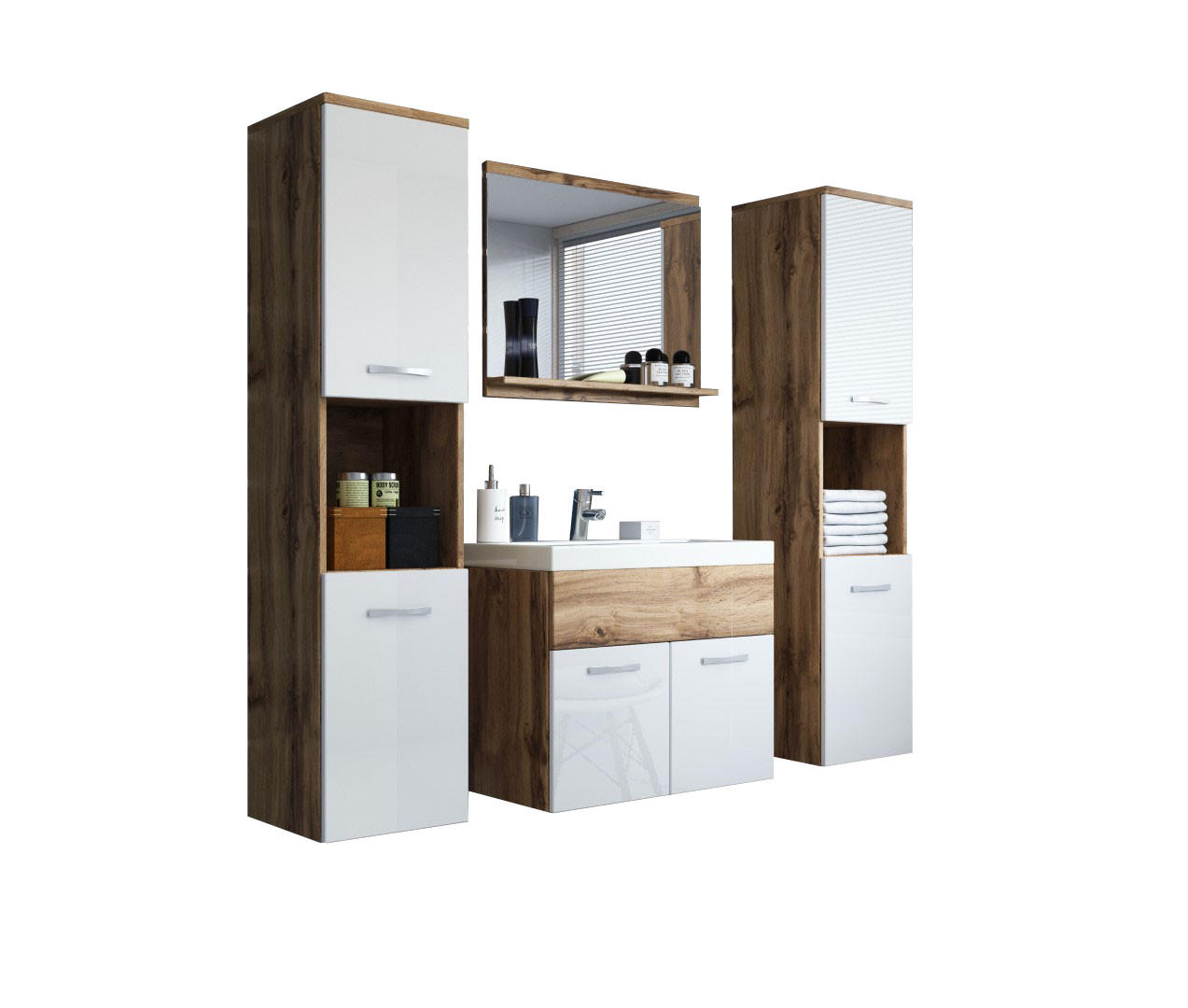 Feldmann-Wohnen Badmöbel-Set Weiß, Braun 121x132x35 cm