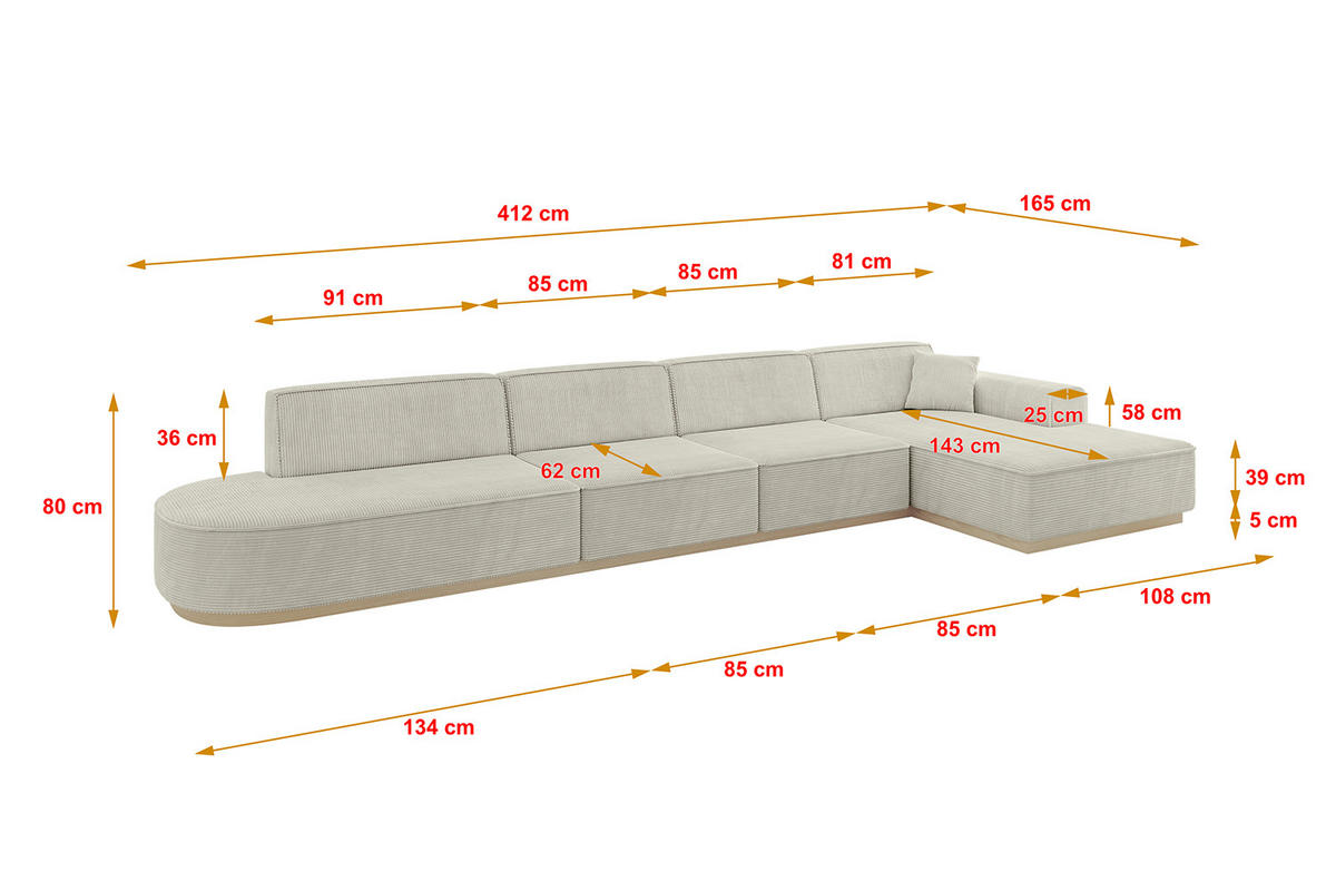 ECKSOFA Ottomane Rechts IREA-L3 - 412x165x80 cm Creme - Ecru/Creme, Holzwerkstoff/Textil (412/165cm) - ALTDECOR